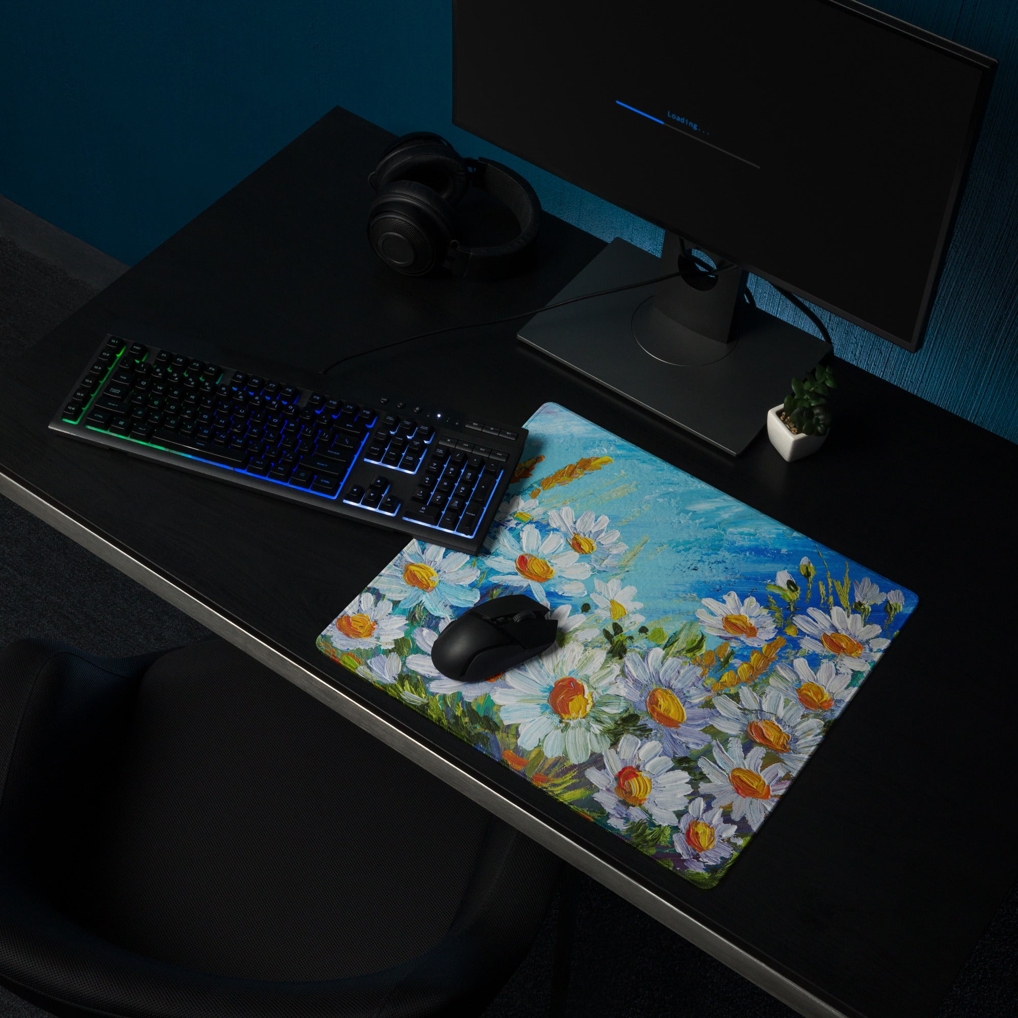Impressionist Floral Gaming Mouse Pad - Gaming Mouse Pad Blue White Yellow Green Desktop Impressionist Cheerful Mood Botanical Desk Mat Esports Non Slip