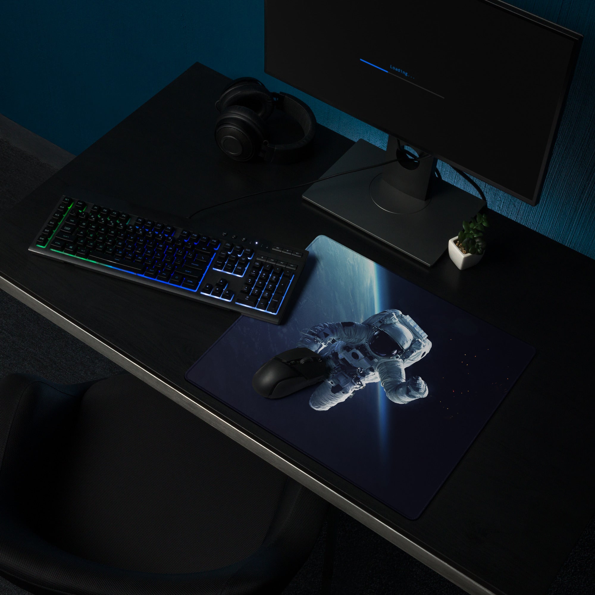 Cosmic Space Odyssey Gaming Mouse Pad - Astronaut Space Blue Black Gaming Mat Cinematic Sci Fi Moody Futuristic Space Themed Desk Mat
