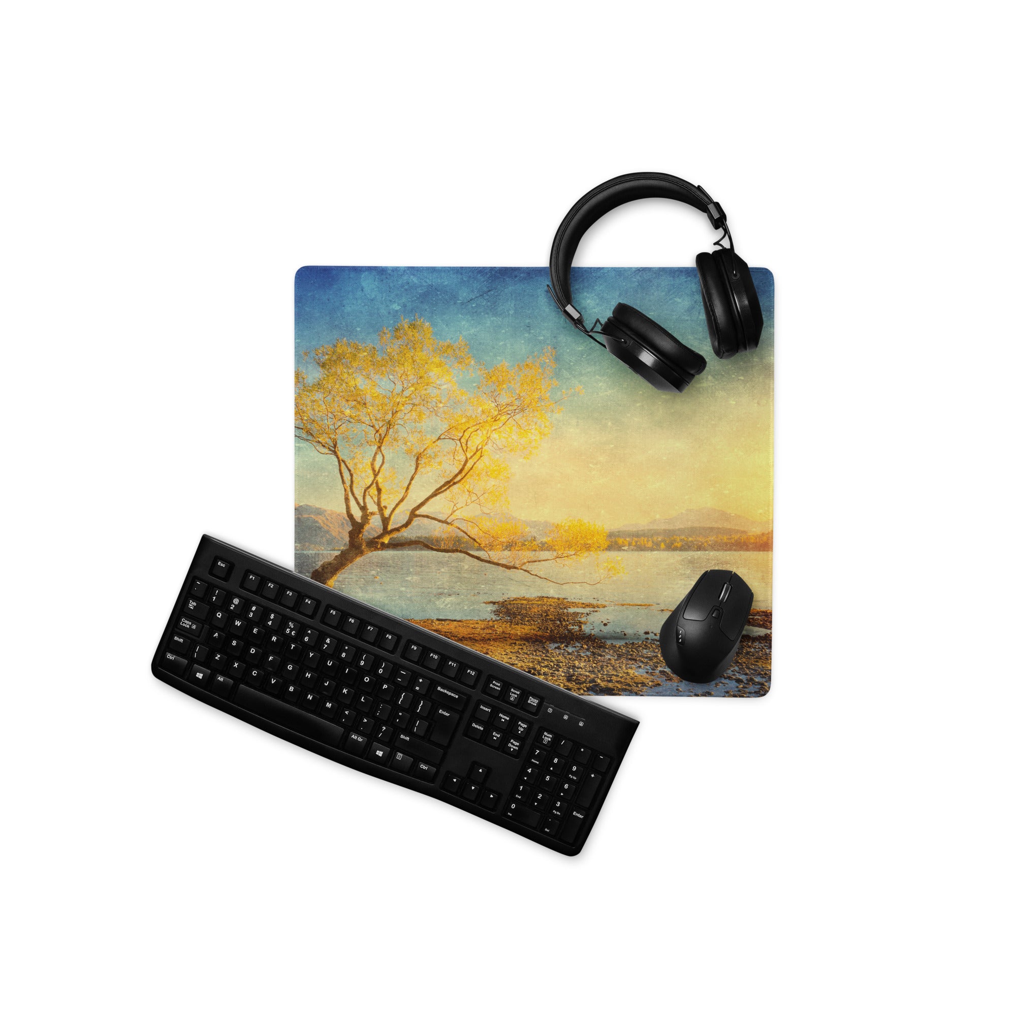 Serene Sunset Tree Landscape Mouse Pad - Tree Landscape Blue Teal Sunset Desktop Setup Vintage Calm Mood Minimalist Decor