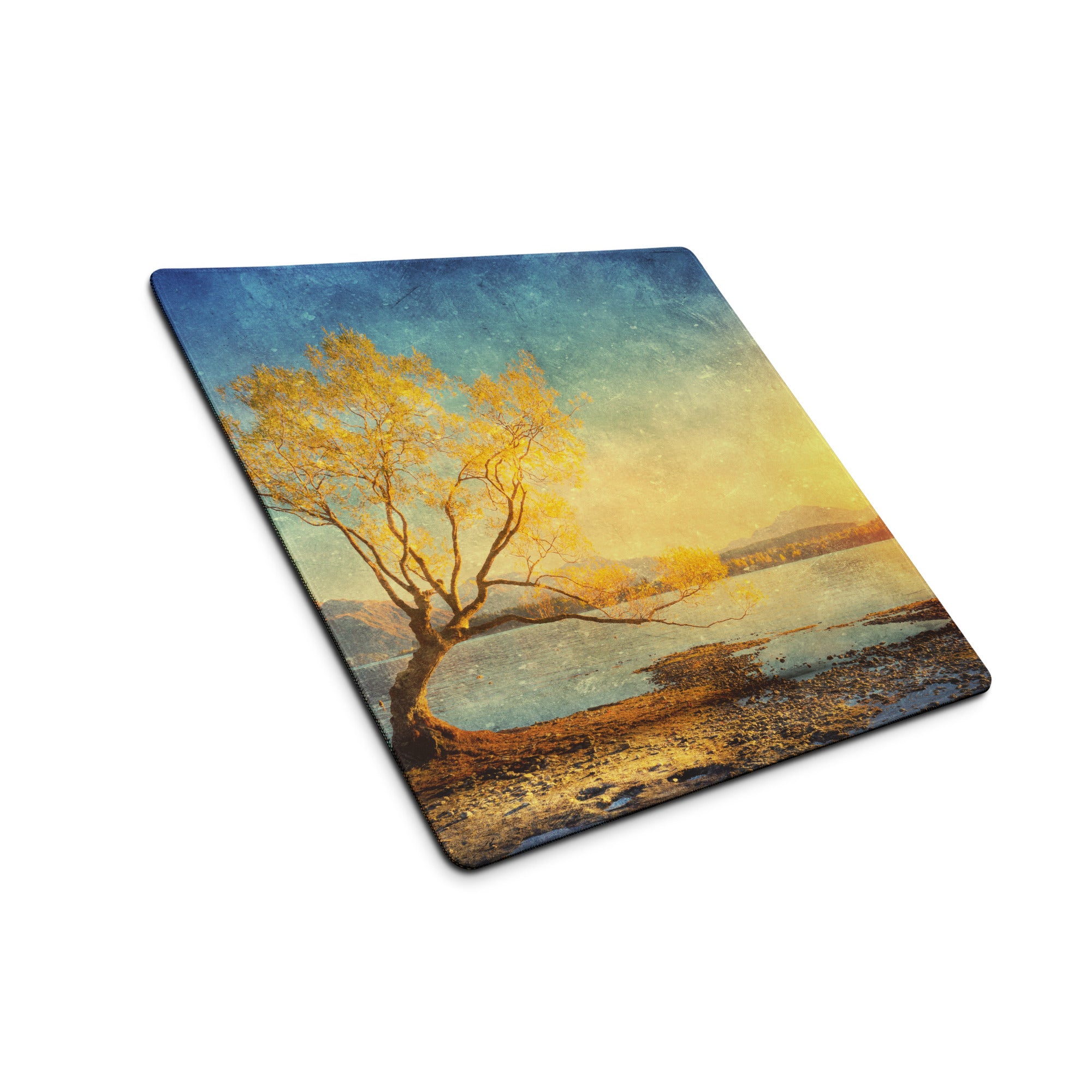 Serene Sunset Tree Landscape Mouse Pad - Tree Landscape Blue Teal Sunset Desktop Setup Vintage Calm Mood Minimalist Decor