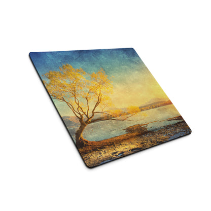 Serene Sunset Tree Landscape Mouse Pad - Tree Landscape Blue Teal Sunset Desktop Setup Vintage Calm Mood Minimalist Decor