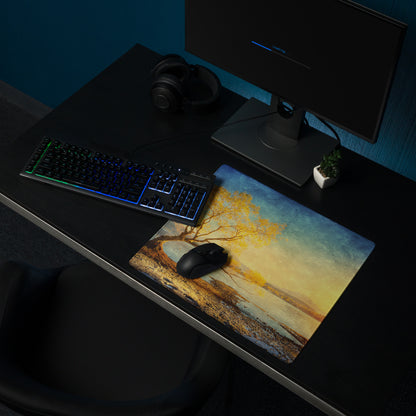 Serene Sunset Tree Landscape Mouse Pad - Tree Landscape Blue Teal Sunset Desktop Setup Vintage Calm Mood Minimalist Decor