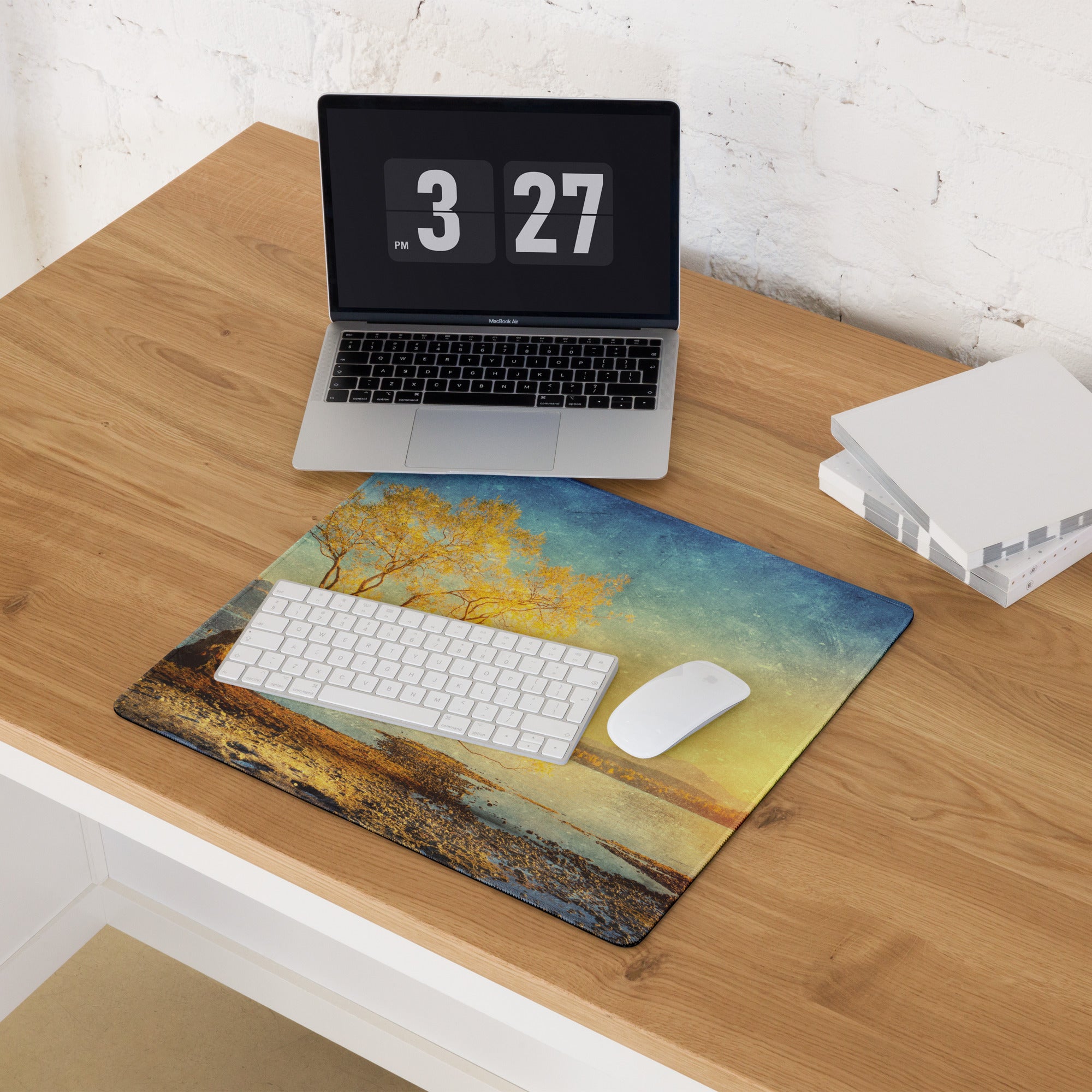 Serene Sunset Tree Landscape Mouse Pad - Tree Landscape Blue Teal Sunset Desktop Setup Vintage Calm Mood Minimalist Decor