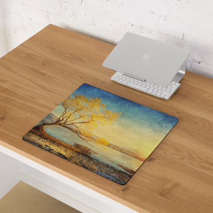 Serene Sunset Tree Landscape Mouse Pad - Tree Landscape Blue Teal Sunset Desktop Setup Vintage Calm Mood Minimalist Decor