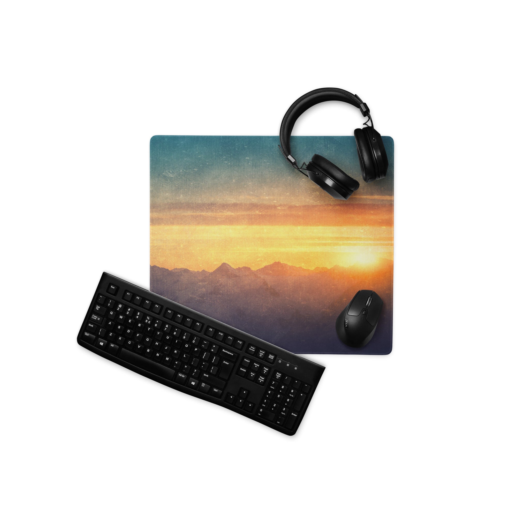 Sunset Mountain Landscape Gaming Pad - Sunset Mountain Landscape, Navy Gradient, Gaming Desk, Photo, Warm Mood