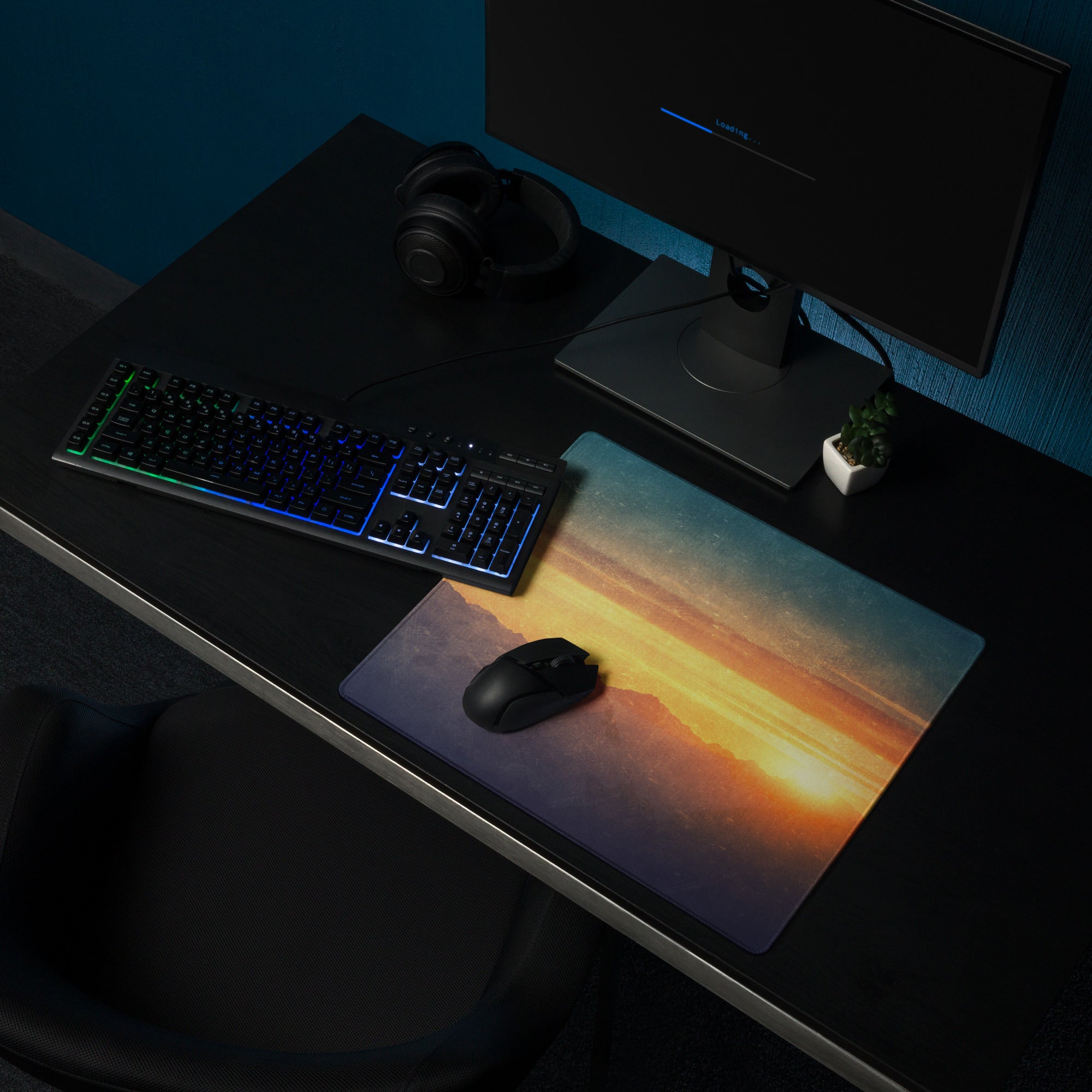 Sunset Mountain Landscape Gaming Pad - Sunset Mountain Landscape, Navy Gradient, Gaming Desk, Photo, Warm Mood