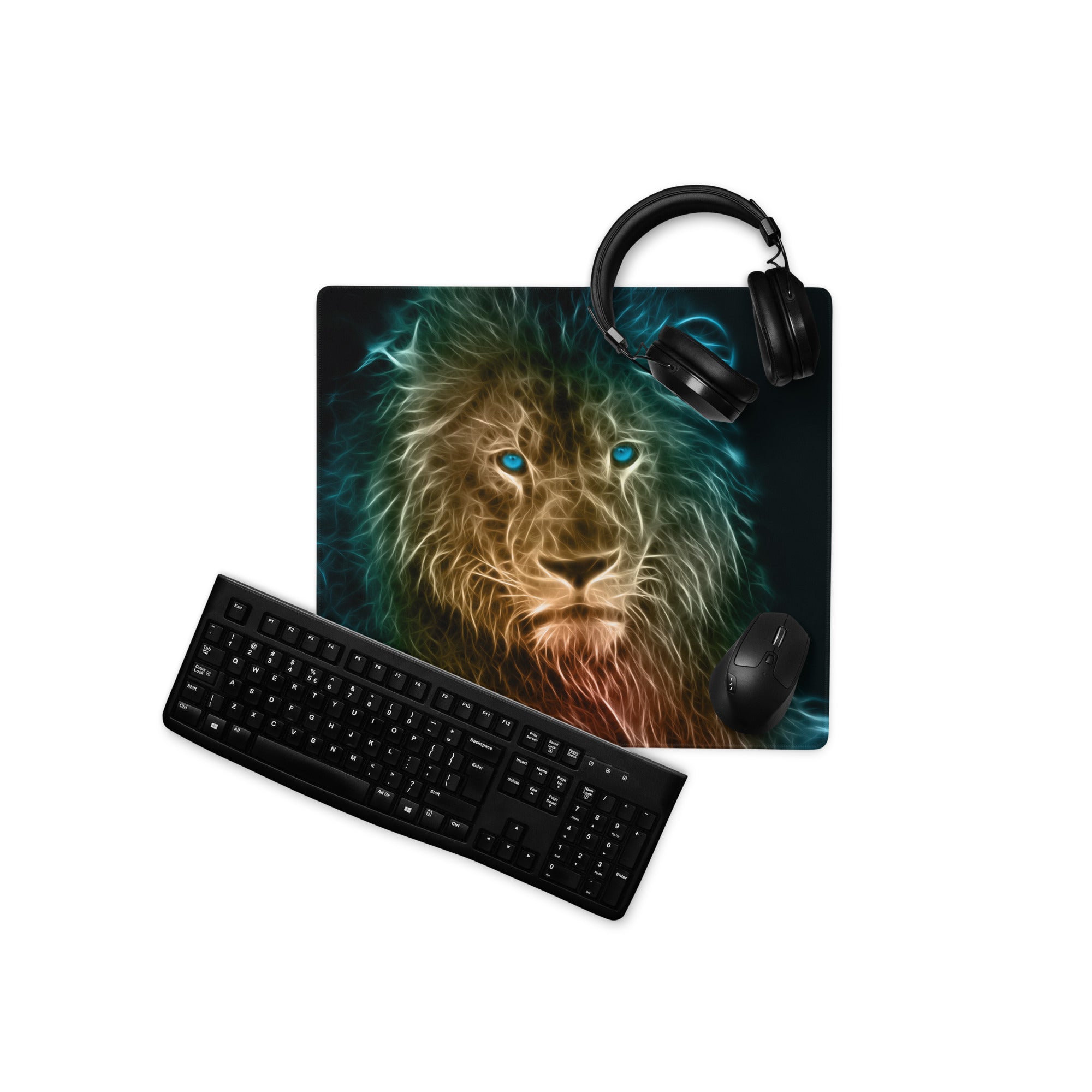 Cat Portrait Mouse Pad Multicolor Neon Gaming Desk Fractal Art - Mood Cyberpunk, Modern Minimal, Large Mouse Pad