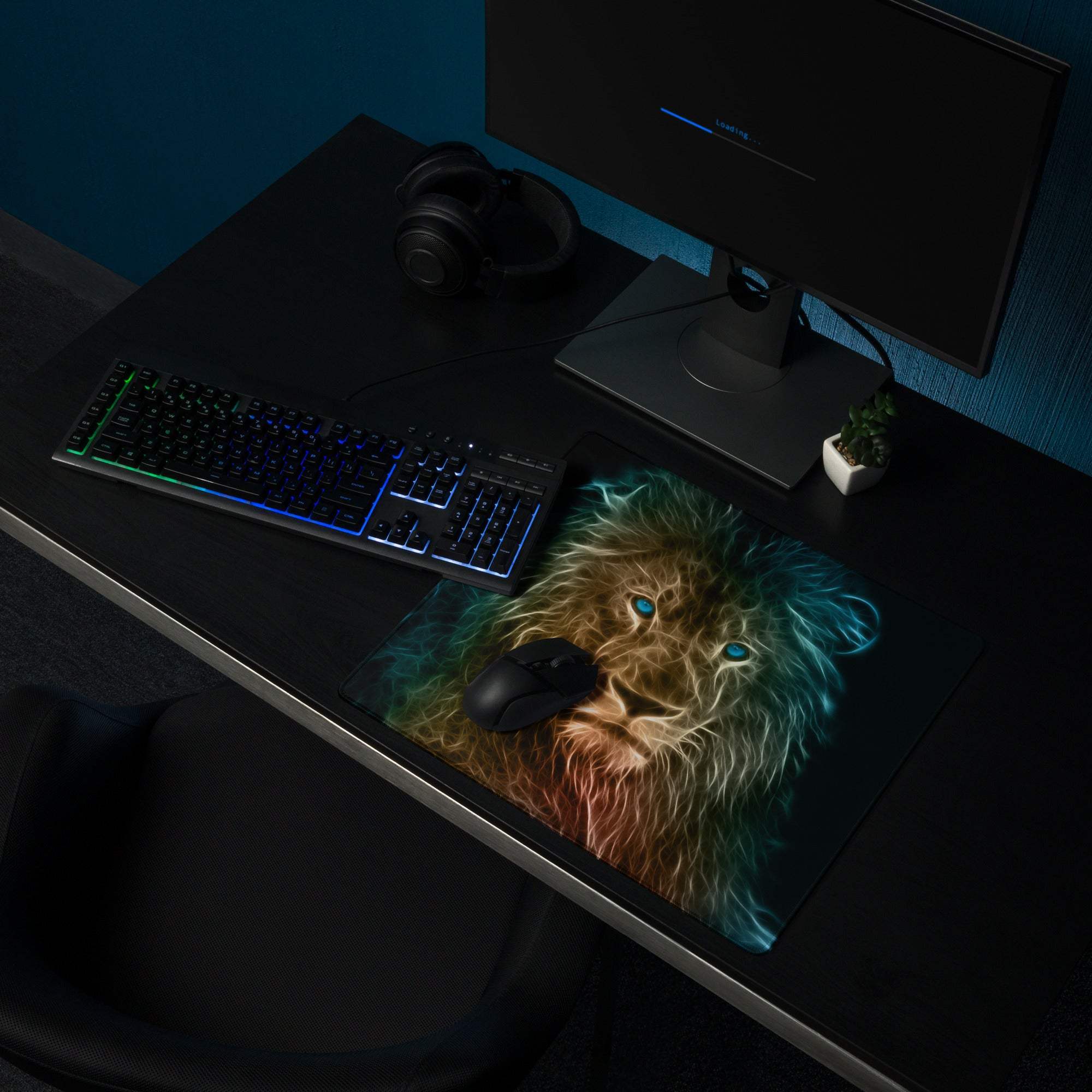 Vibrant neon lion-themed gaming mousepad with glowing blue eyes fiery mane and sleek black surface for optimal performance