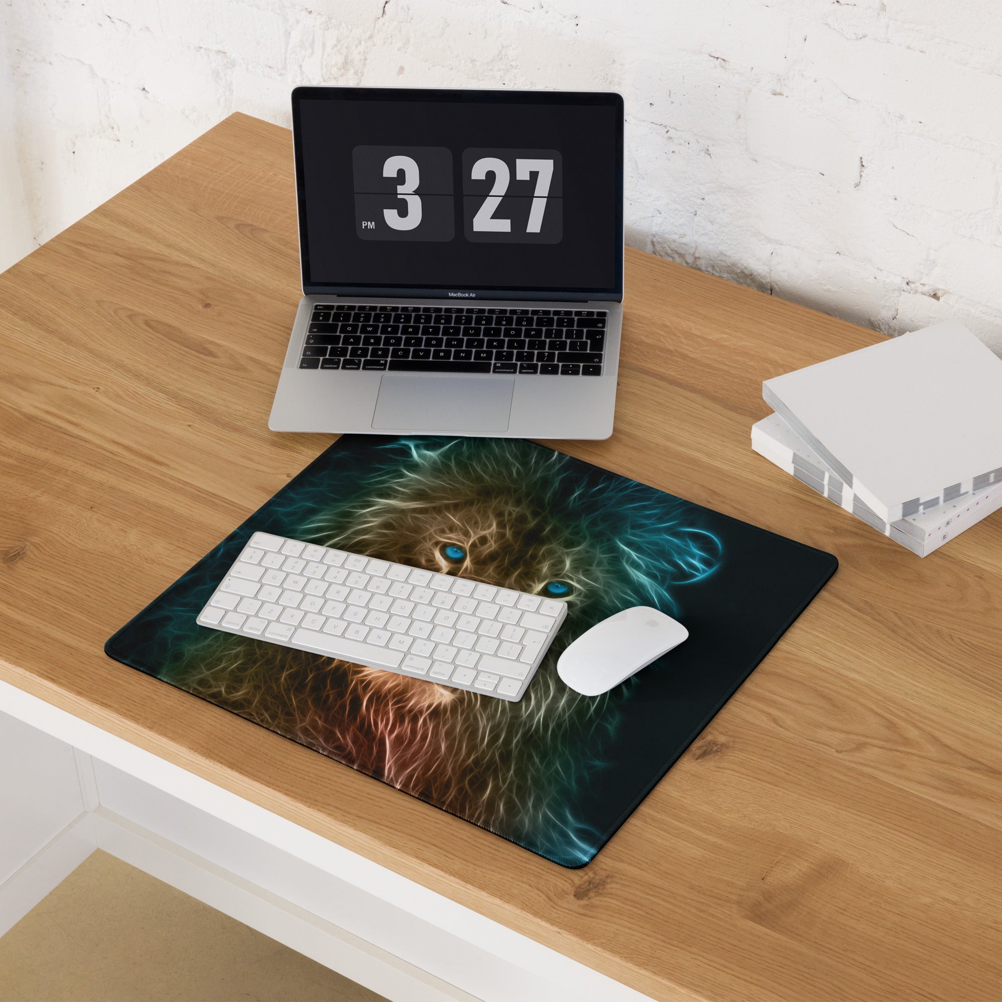 Cat Portrait Mouse Pad Multicolor Neon Gaming Desk Fractal Art - Mood Cyberpunk, Modern Minimal, Large Mouse Pad
