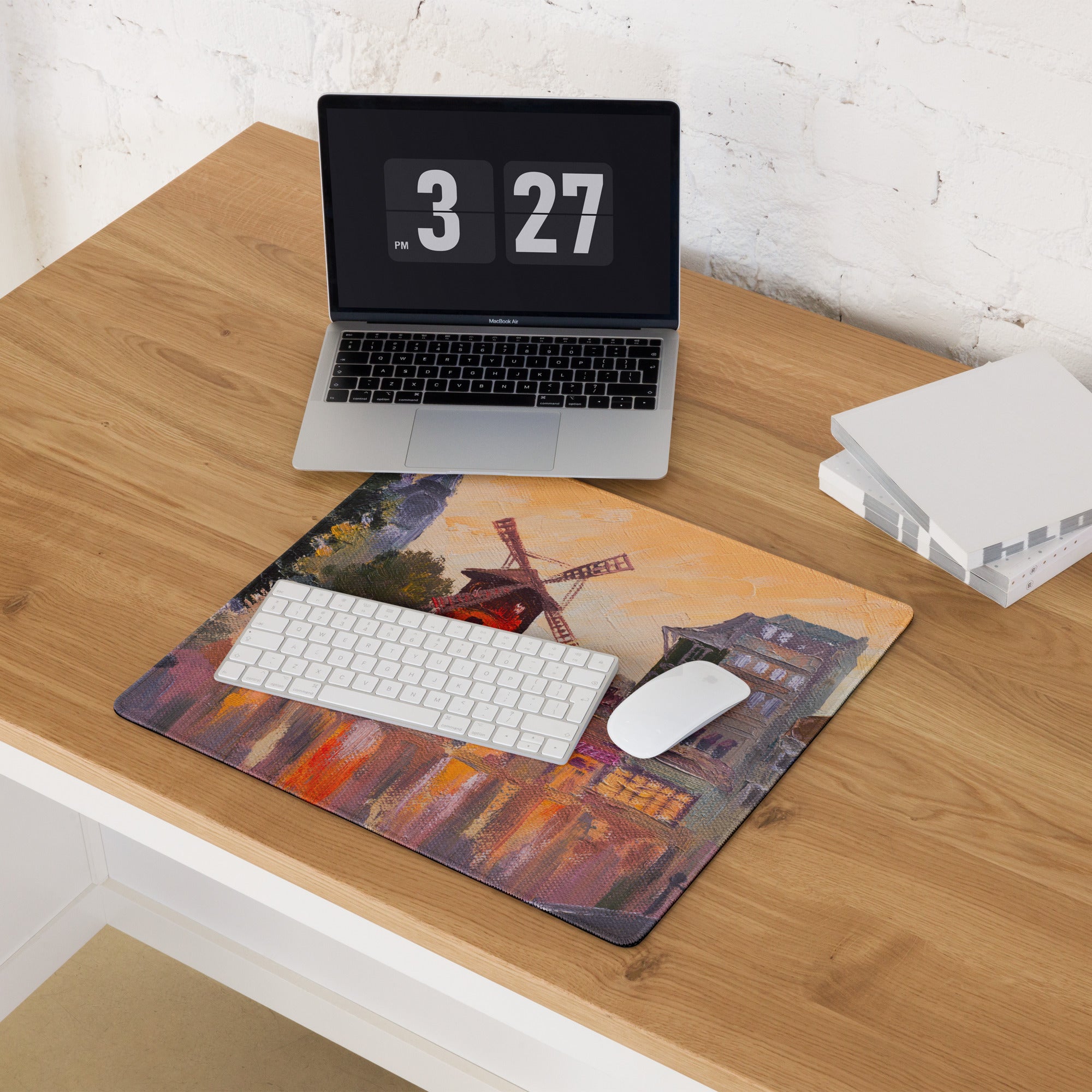 Dutch Windmill Desk Pad - Windmill Town Orange Purple Desk Gaming Impressionist Mood Warm Sunset Vintage Mouse Pad Oil