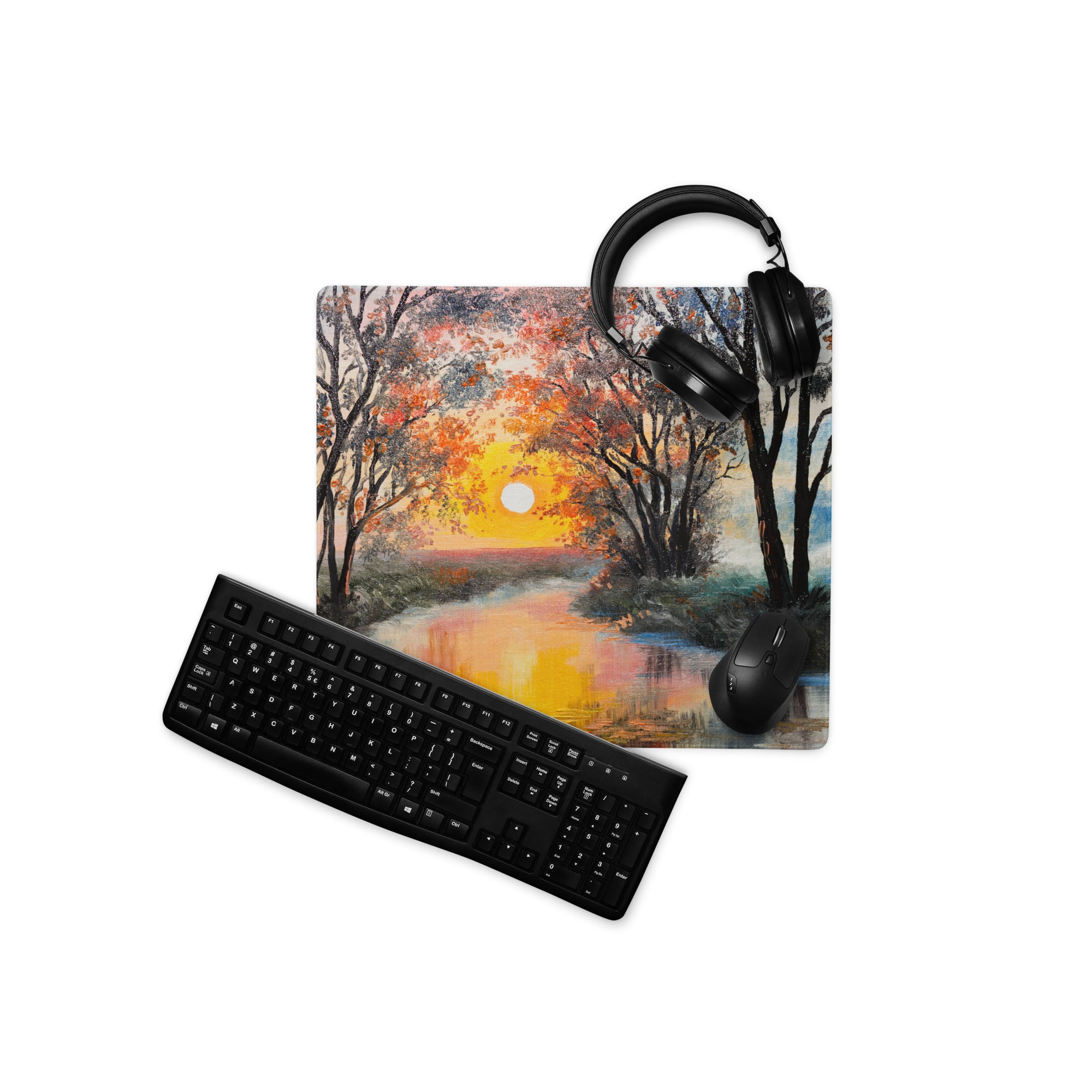 Sunset Forest Glow Desk Pad - Forest Sunset Orange Desk Impressionist Warm Dramatic Gallery Desk Setup Oil Painting