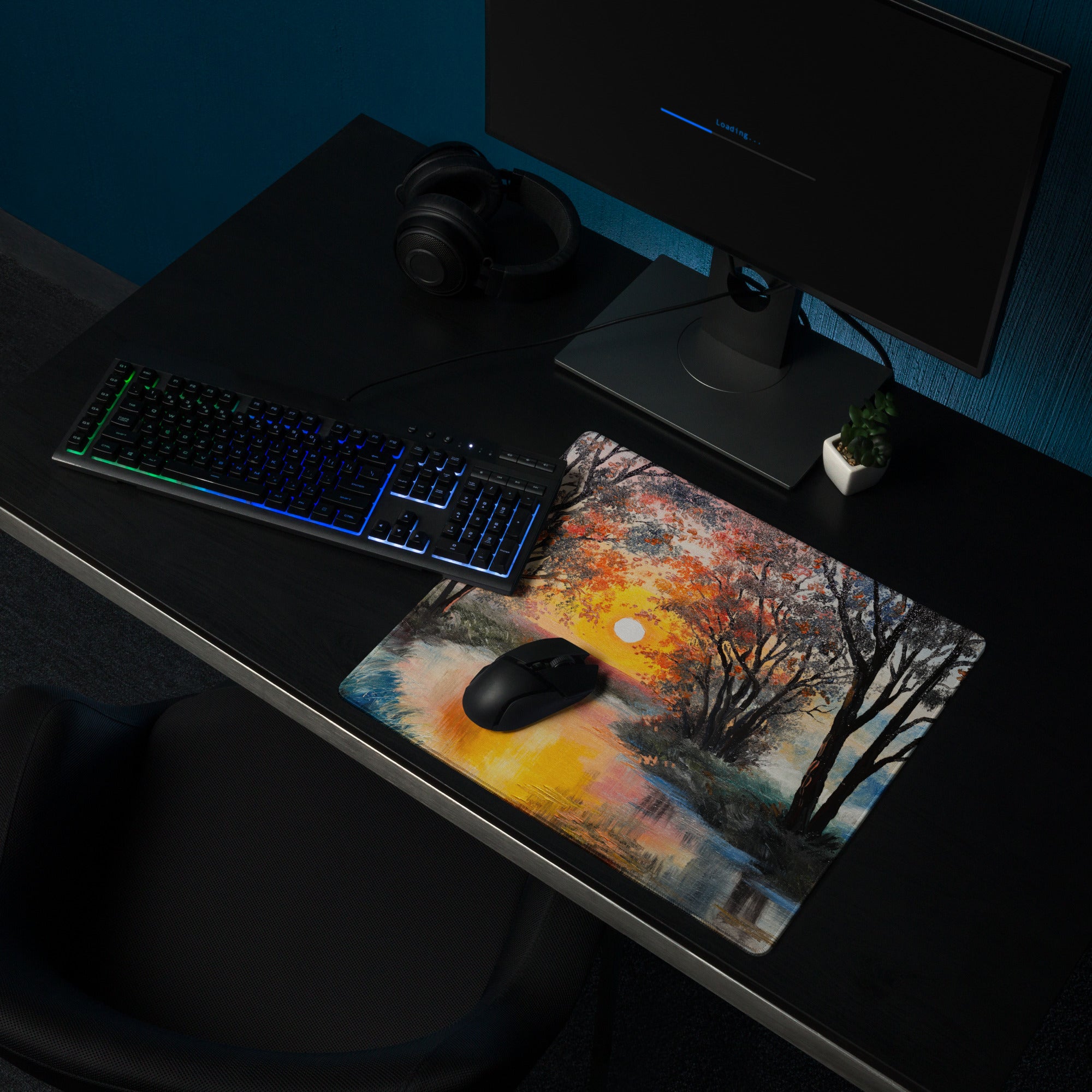 Sunset Forest Glow Desk Pad - Forest Sunset Orange Desk Impressionist Warm Dramatic Gallery Desk Setup Oil Painting