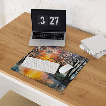 Sunset Forest Glow Desk Pad - Forest Sunset Orange Desk Impressionist Warm Dramatic Gallery Desk Setup Oil Painting