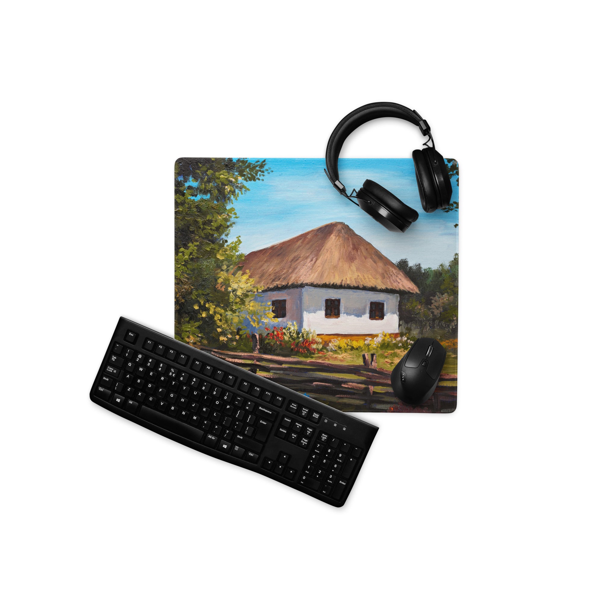 Thatched Roof Village Mouse Pad - Thatched Village Cottage Blue Sky Desk Impressionist Calm Rustic Desk Office Oil