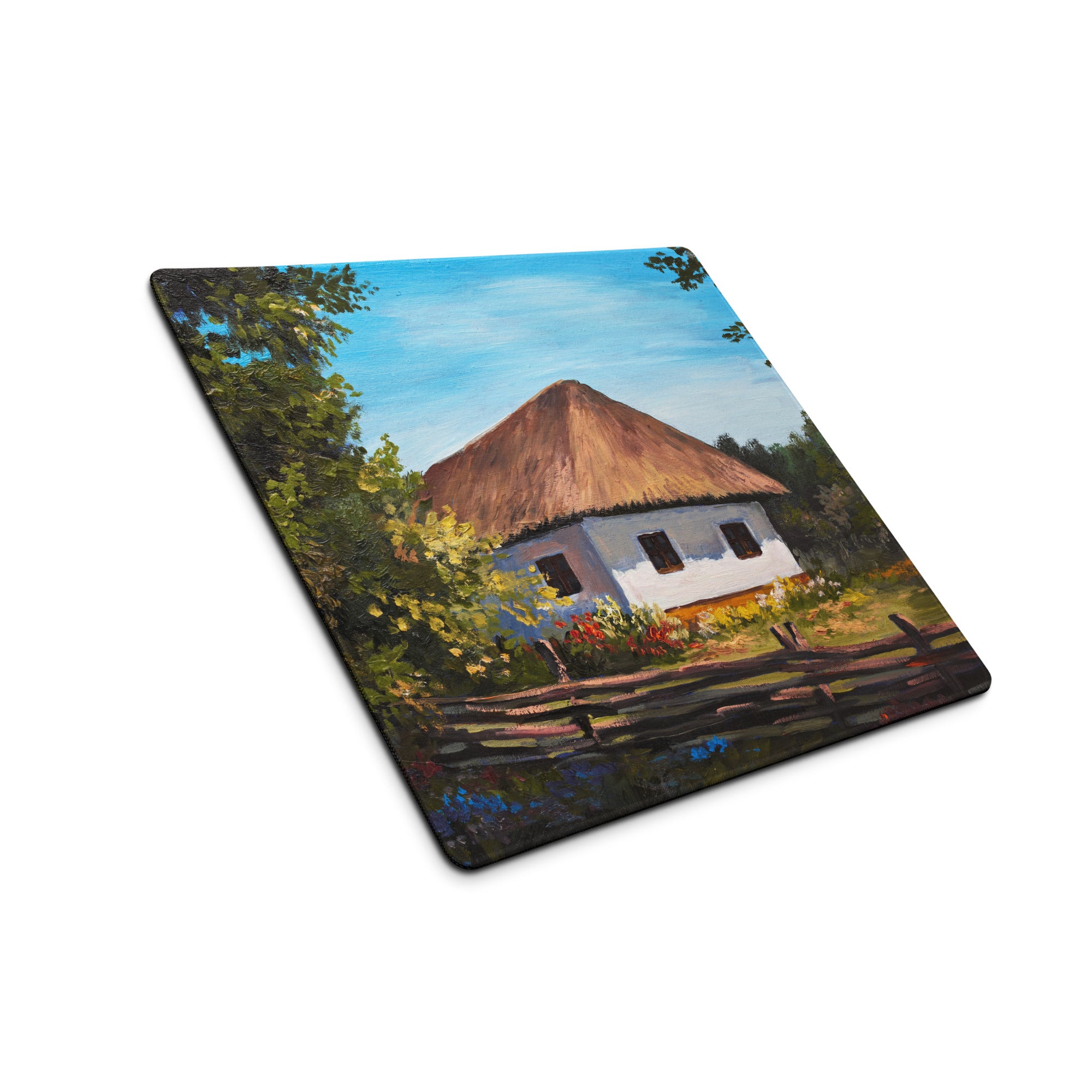 Thatched Roof Village Mouse Pad - Thatched Village Cottage Blue Sky Desk Impressionist Calm Rustic Desk Office Oil