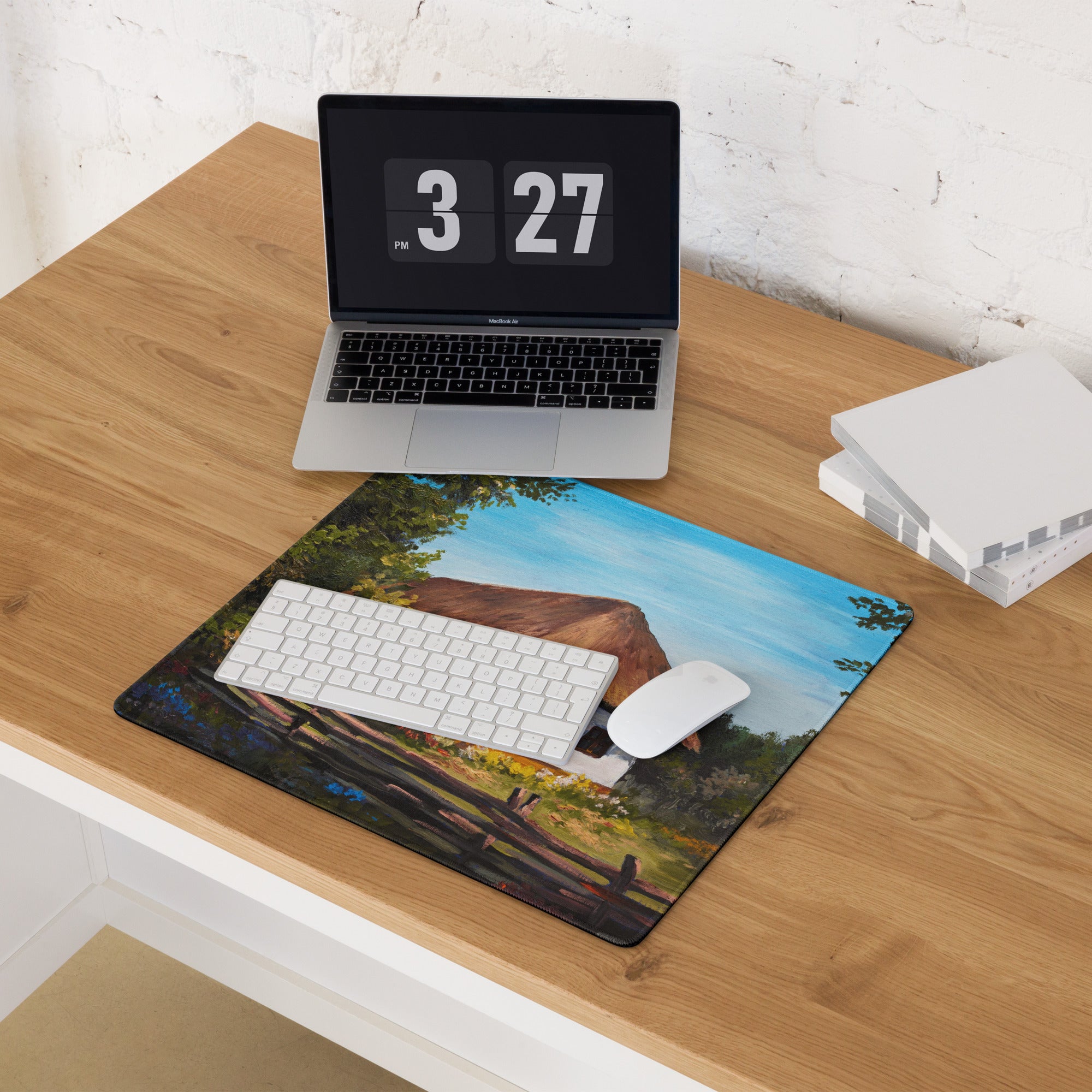 Thatched Roof Village Mouse Pad - Thatched Village Cottage Blue Sky Desk Impressionist Calm Rustic Desk Office Oil