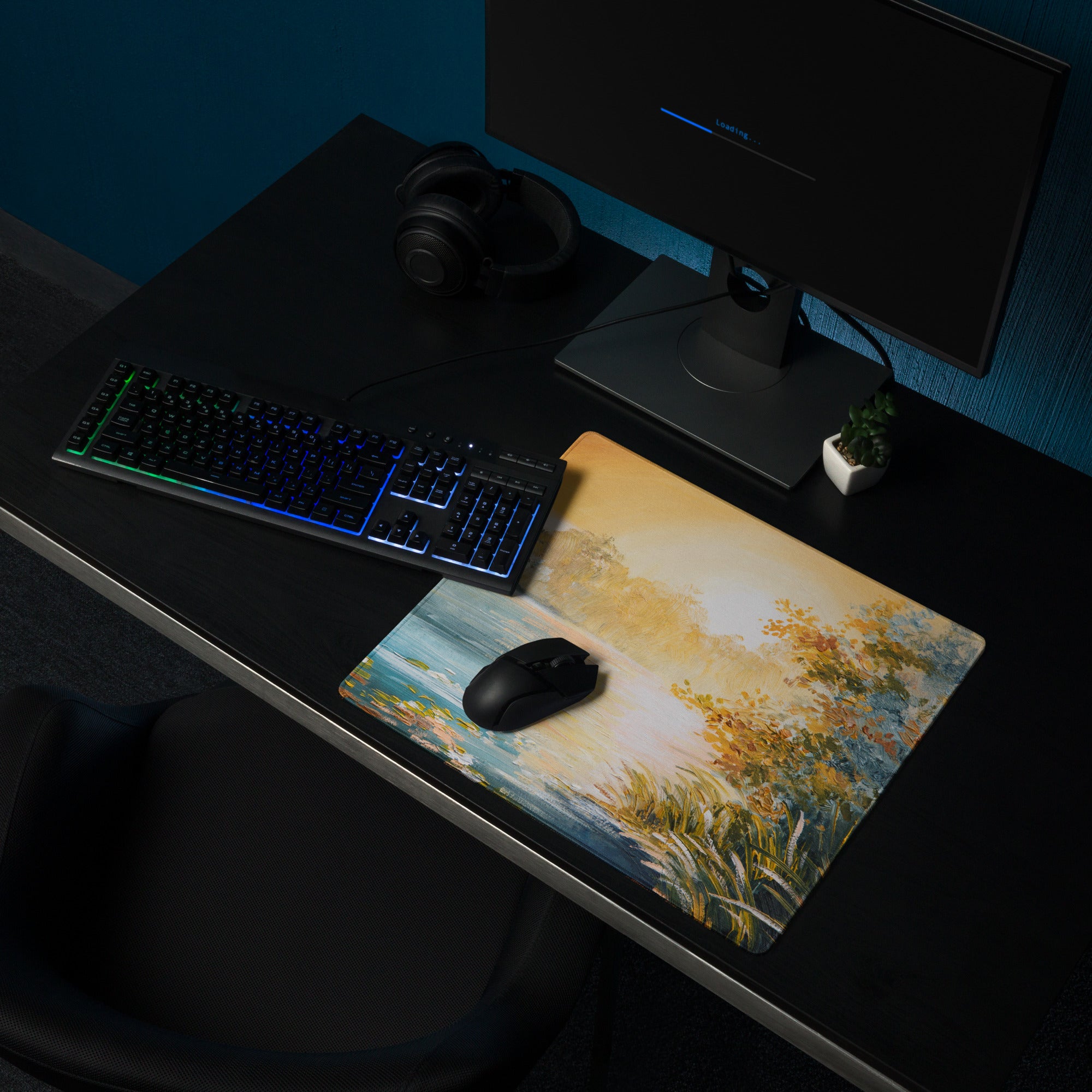 Sunset Landscape Impressionist Mouse Pad - Landscape Sunset Orange Blue Desk | Calm Mood; Modern Desk Decor; Oil Art