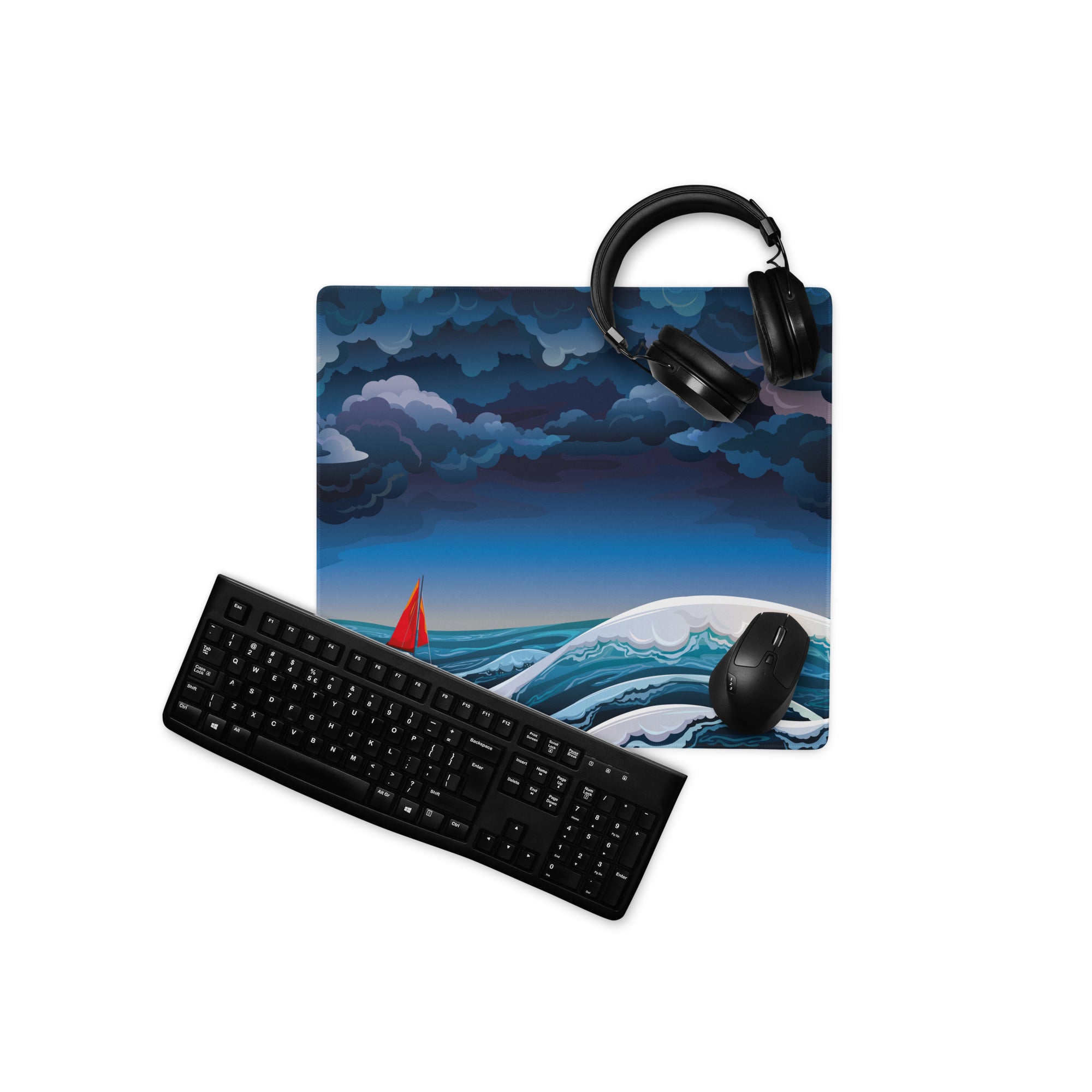 Stormy Sea Navigator Mouse Pad - Mouse Pad Navy Blue Desk Illustrated Dramatic Nautical Modern Gaming Digital
