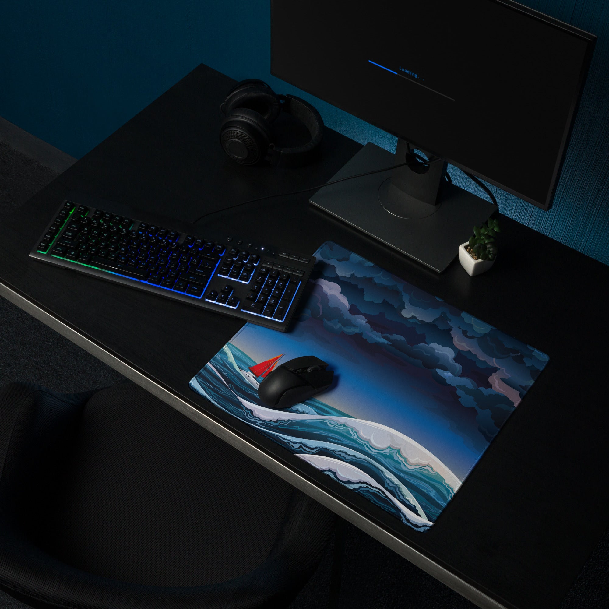 Stormy Sea Navigator Mouse Pad - Mouse Pad Navy Blue Desk Illustrated Dramatic Nautical Modern Gaming Digital
