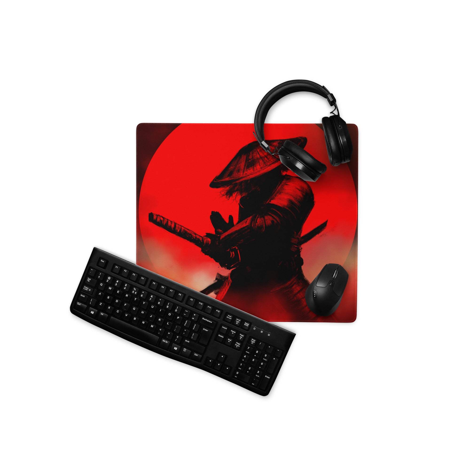 Crimson Samurai Mouse Pad - Samurai Silhouette Red Black Gaming Desk Bold Dramatic Mood Modern Gaming Mouse Pad Art