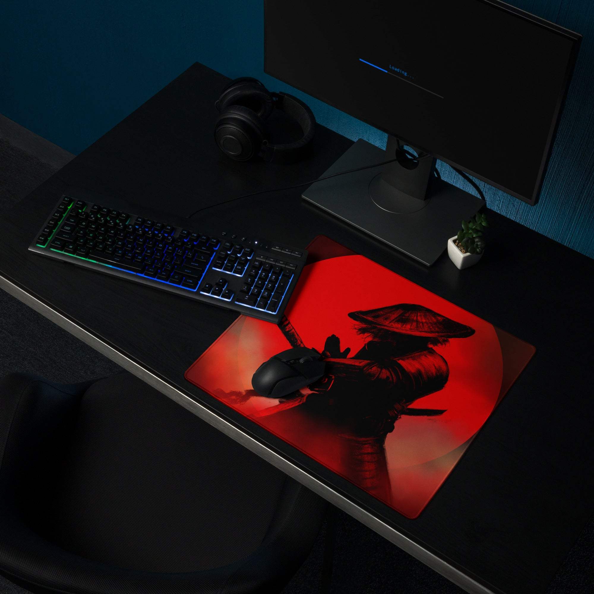 Crimson Samurai Mouse Pad - Samurai Silhouette Red Black Gaming Desk Bold Dramatic Mood Modern Gaming Mouse Pad Art