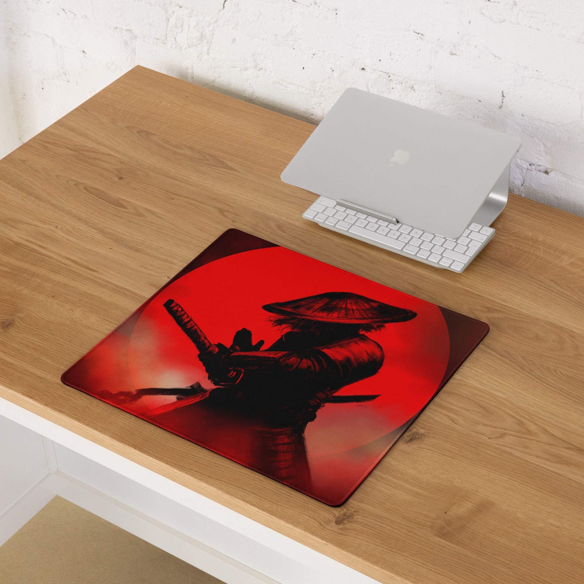 Crimson Samurai Mouse Pad - Samurai Silhouette Red Black Gaming Desk Bold Dramatic Mood Modern Gaming Mouse Pad Art