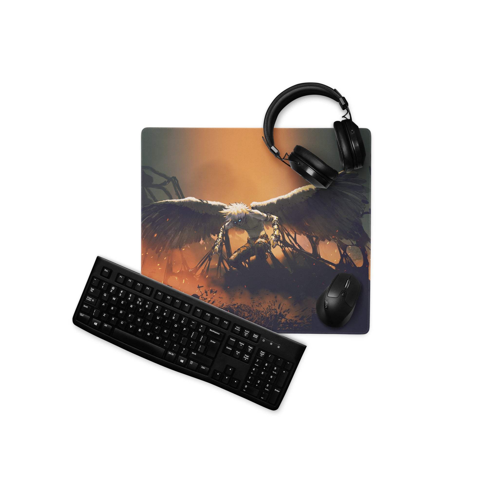 Fiery Winged Battle Art Mouse Pad - Gaming Mouse Pad Black And Orange Gaming Desk Dark Fantasy Intense Mood Desk Mat