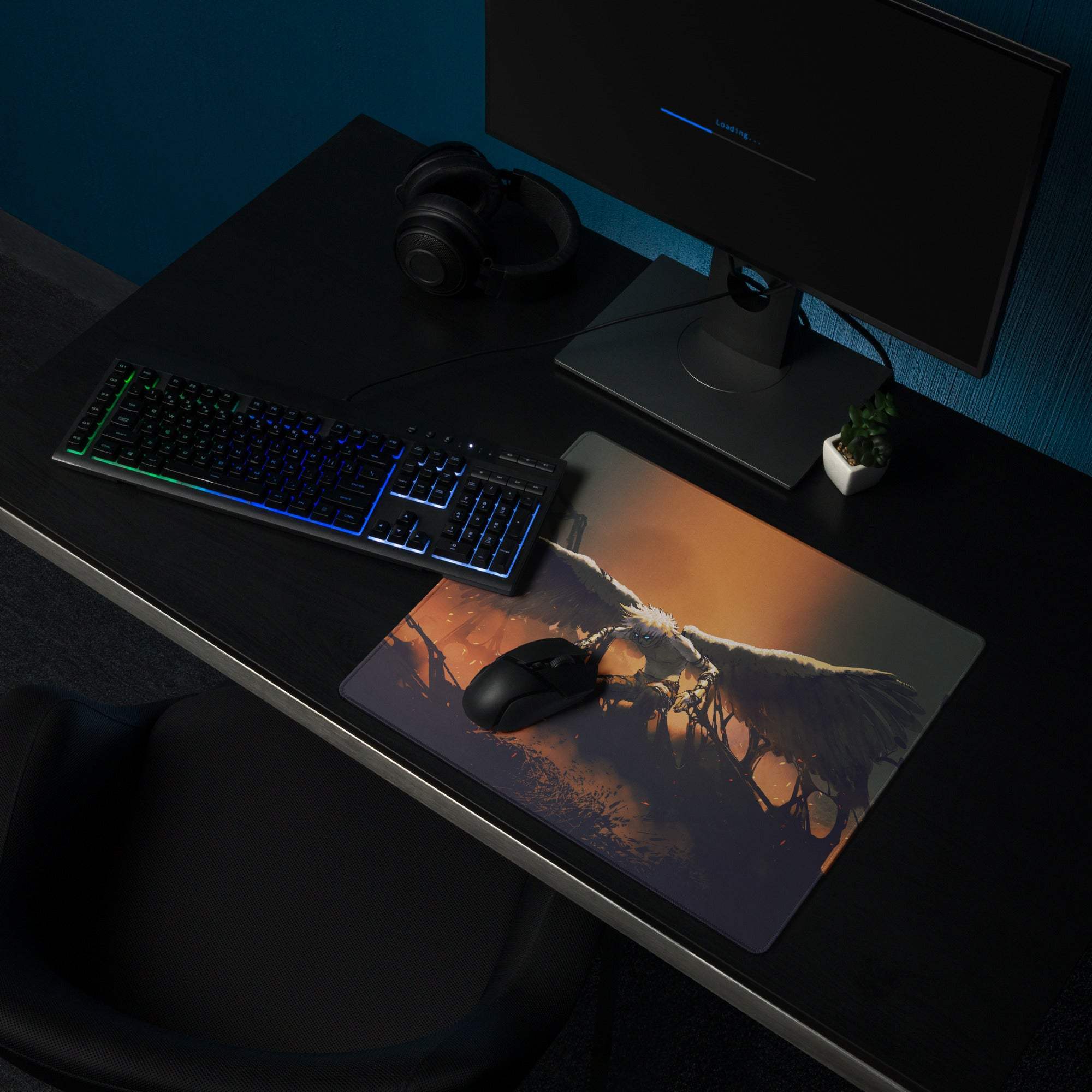 Fiery Winged Battle Art Mouse Pad - Gaming Mouse Pad Black And Orange Gaming Desk Dark Fantasy Intense Mood Desk Mat