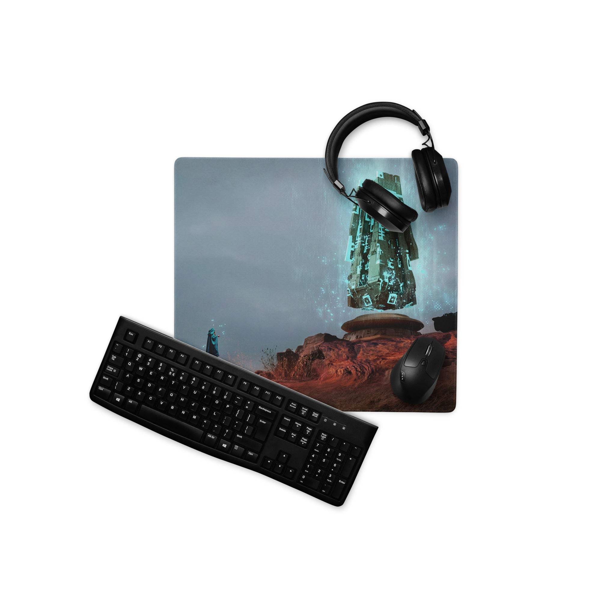 Desert Monolith Gaming Mouse Pad - desert monolith teal glow desk gaming epic futuristic mood modern desk decor mat