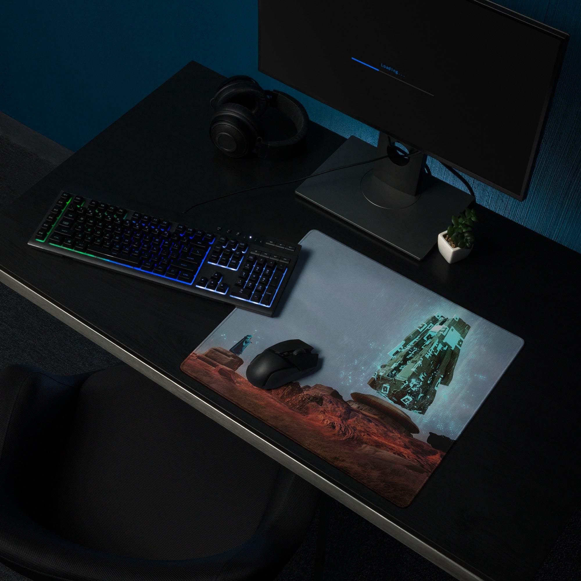 Desert Monolith Gaming Mouse Pad - desert monolith teal glow desk gaming epic futuristic mood modern desk decor mat
