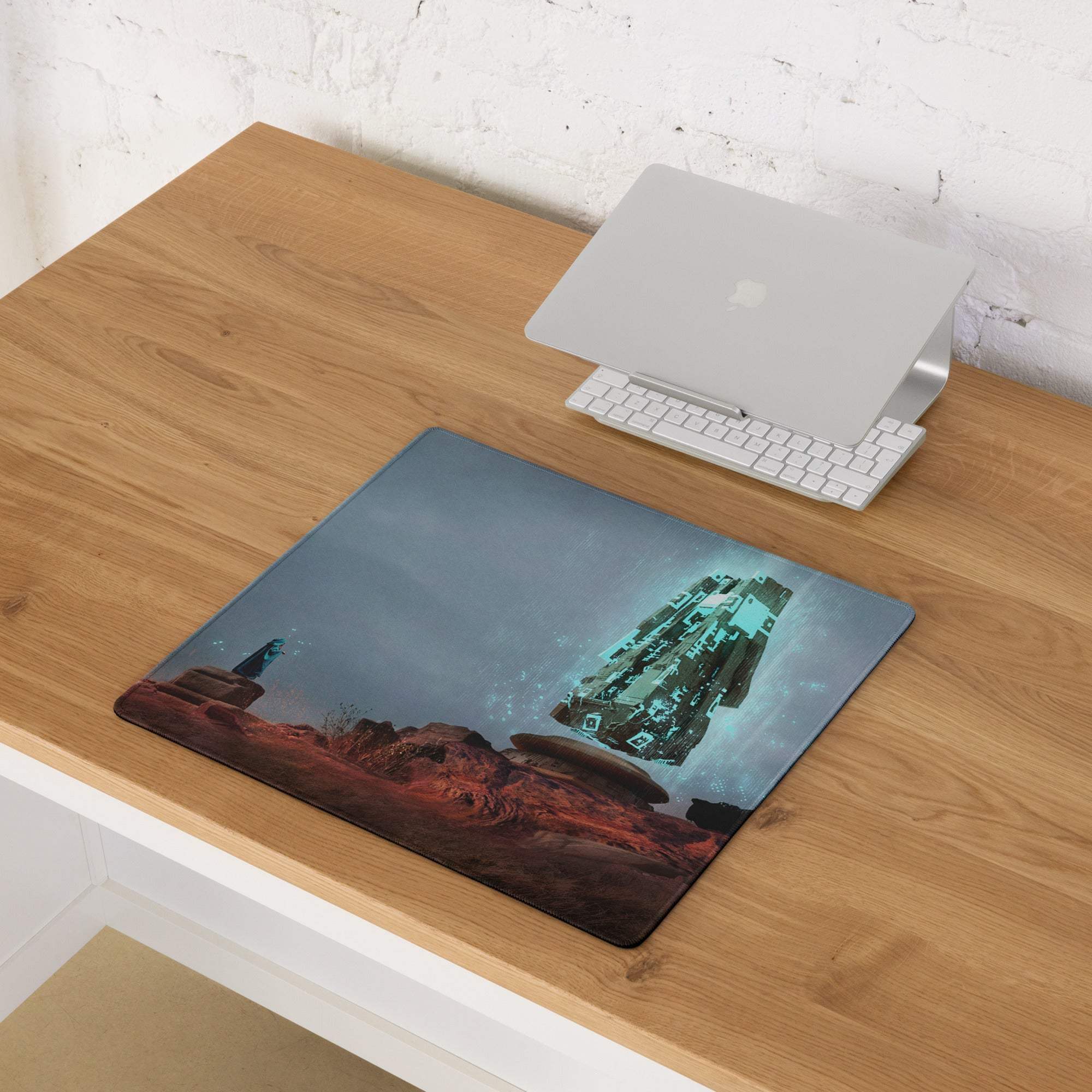 Desert Monolith Gaming Mouse Pad - desert monolith teal glow desk gaming epic futuristic mood modern desk decor mat
