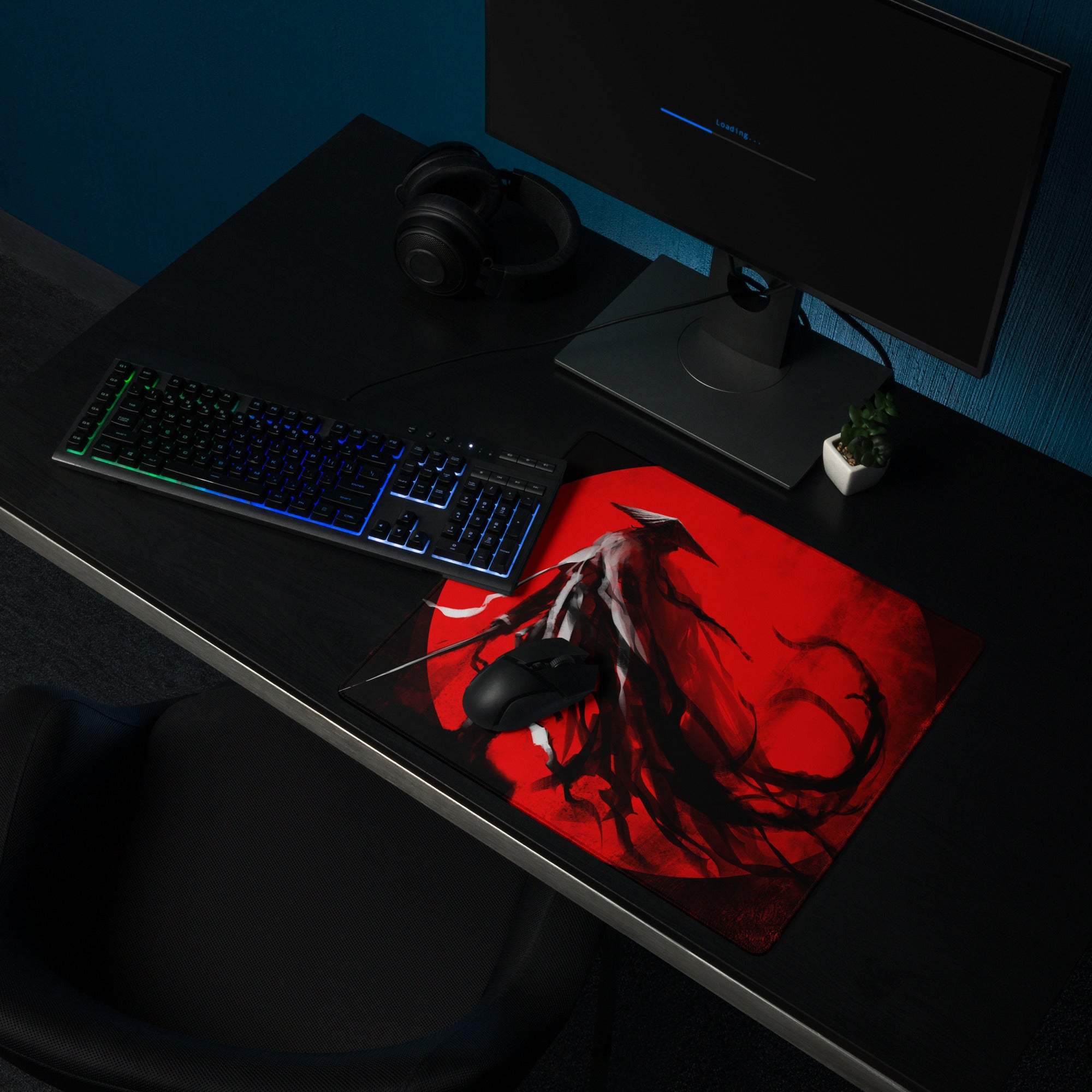 Crimson Oni Gaming Mouse Pad - Oni Red Black Gaming Desk Cyberpunk Intense Moody Minimalist Gamer Large Non Slip Stitched