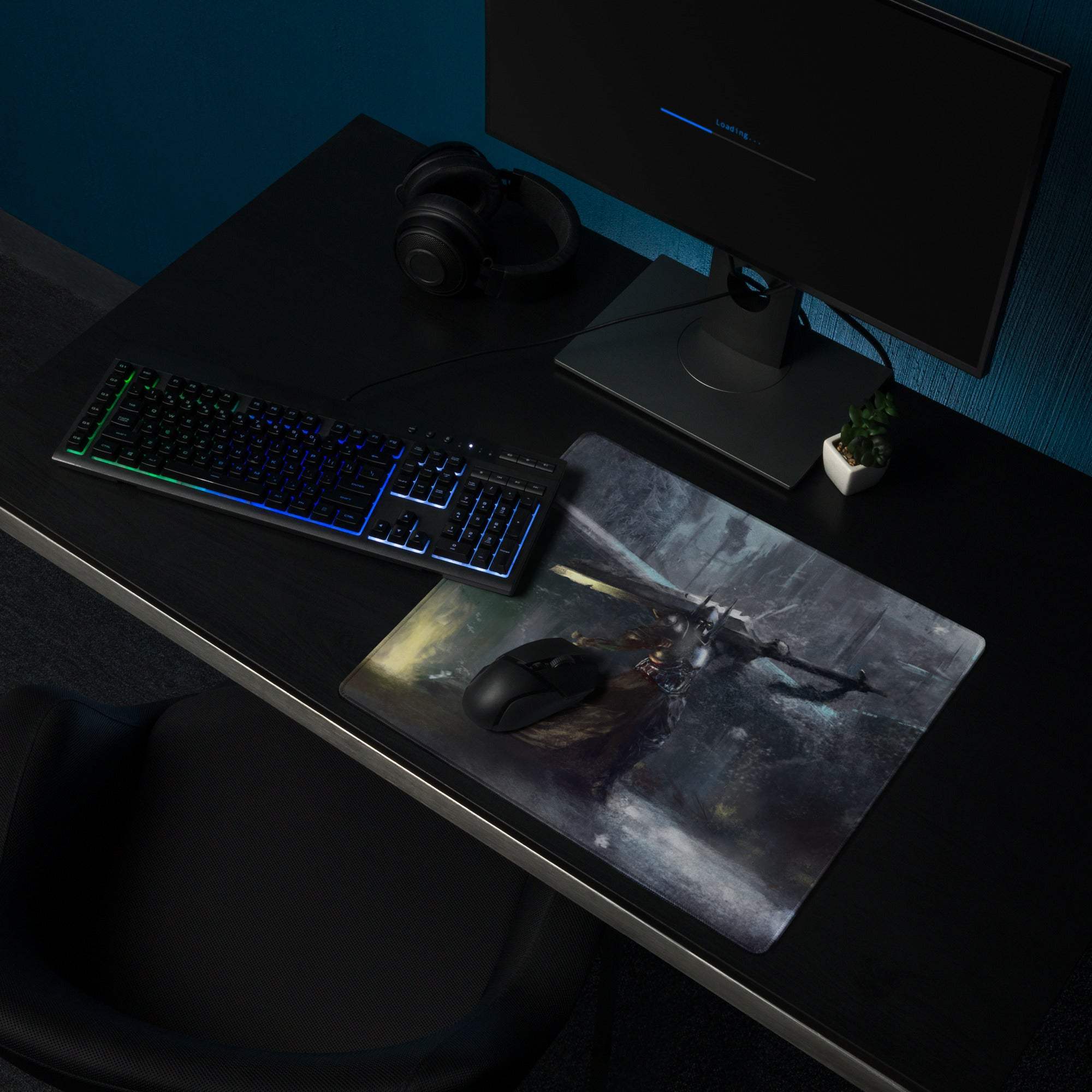 Cosmic Battle Gaming Mouse Pad - Gaming Mouse Pad Blue Black Gray Desk Setup Art Moody Futuristic SciFi Desk Decor
