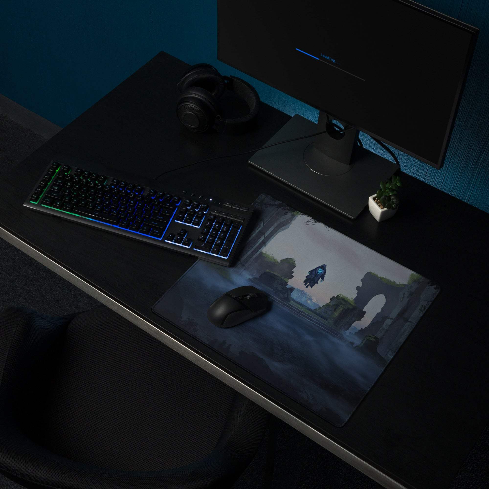Mystic Ruins Fantasy Pad - Gaming Mouse Pad Navy Blue Desk Cinematic Moody Atmosphere Dark Aesthetic Desk Mat
