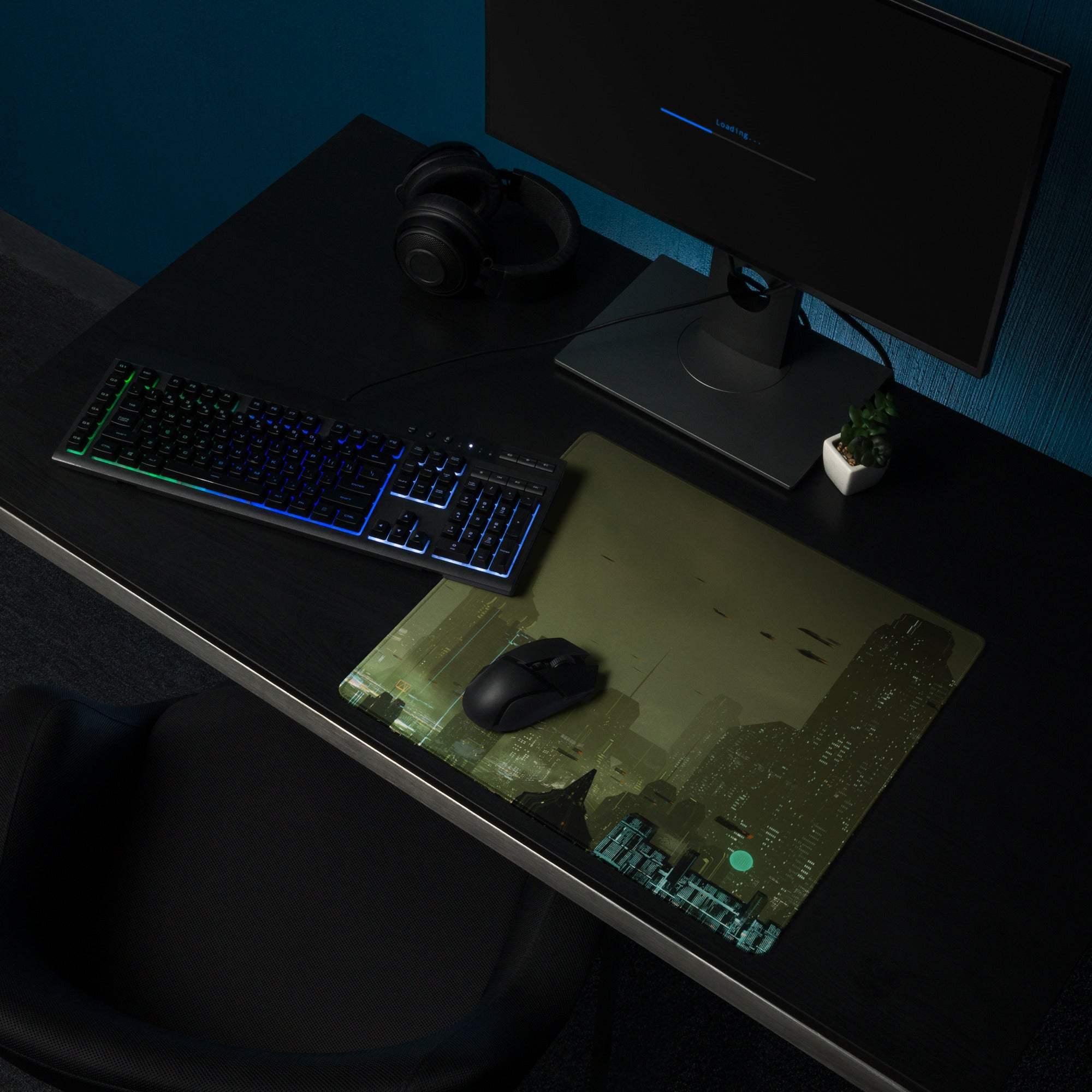 Midnight Cityscape Gaming Mouse Pad - Gaming Mouse Pad Cityscape Black Teal Desk Setup Cyberpunk Moody Neon Night Vibe
