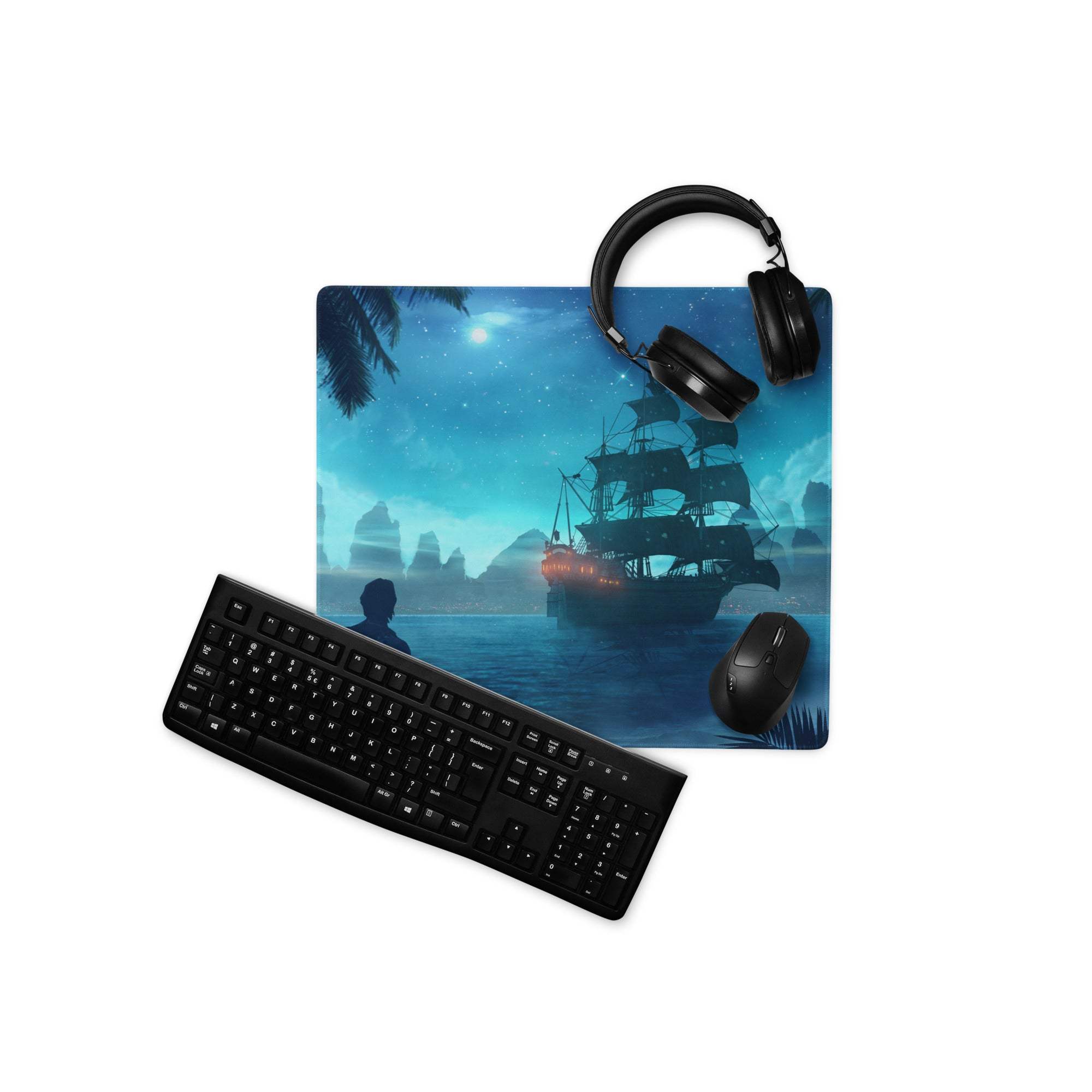 Navy Night Pirate Ship Gaming Mouse Pad - Pirate Ship Navy Blue Gaming Pad Fantasy Epic Night Scene Digital Illustration