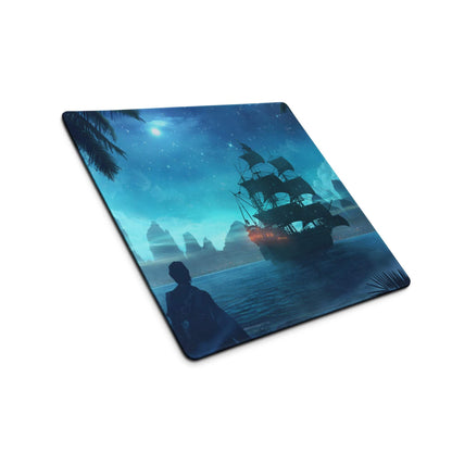 Navy Night Pirate Ship Gaming Mouse Pad - Pirate Ship Navy Blue Gaming Pad Fantasy Epic Night Scene Digital Illustration