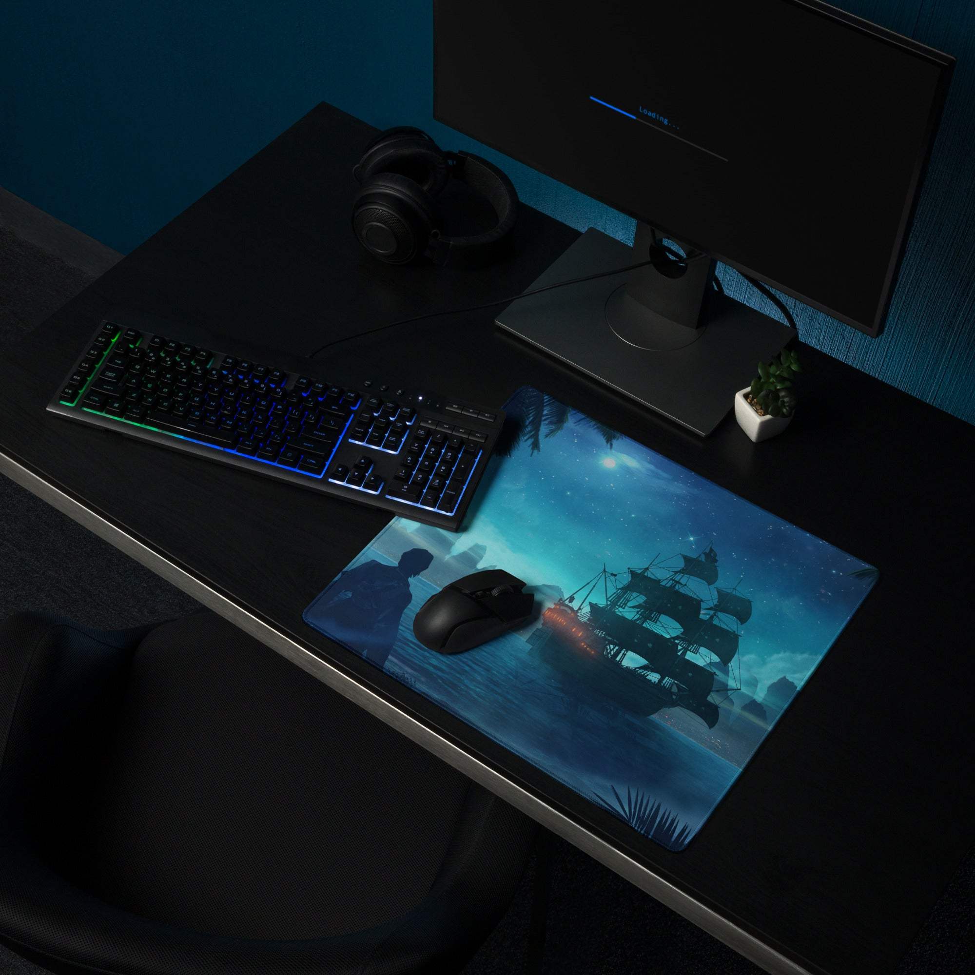 Navy Night Pirate Ship Gaming Mouse Pad - Pirate Ship Navy Blue Gaming Pad Fantasy Epic Night Scene Digital Illustration