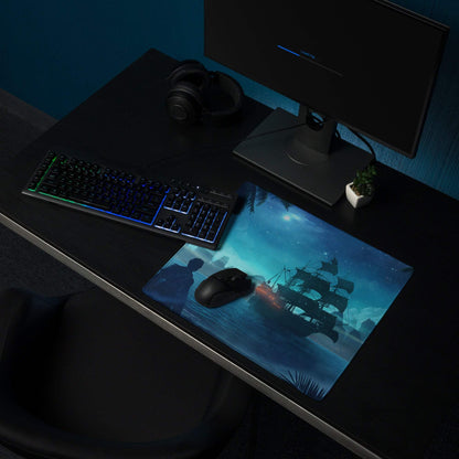 Navy Night Pirate Ship Gaming Mouse Pad - Pirate Ship Navy Blue Gaming Pad Fantasy Epic Night Scene Digital Illustration