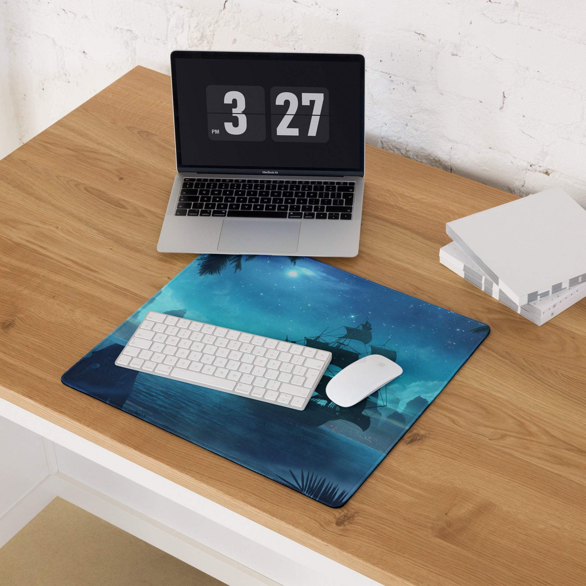 Navy Night Pirate Ship Gaming Mouse Pad - Pirate Ship Navy Blue Gaming Pad Fantasy Epic Night Scene Digital Illustration