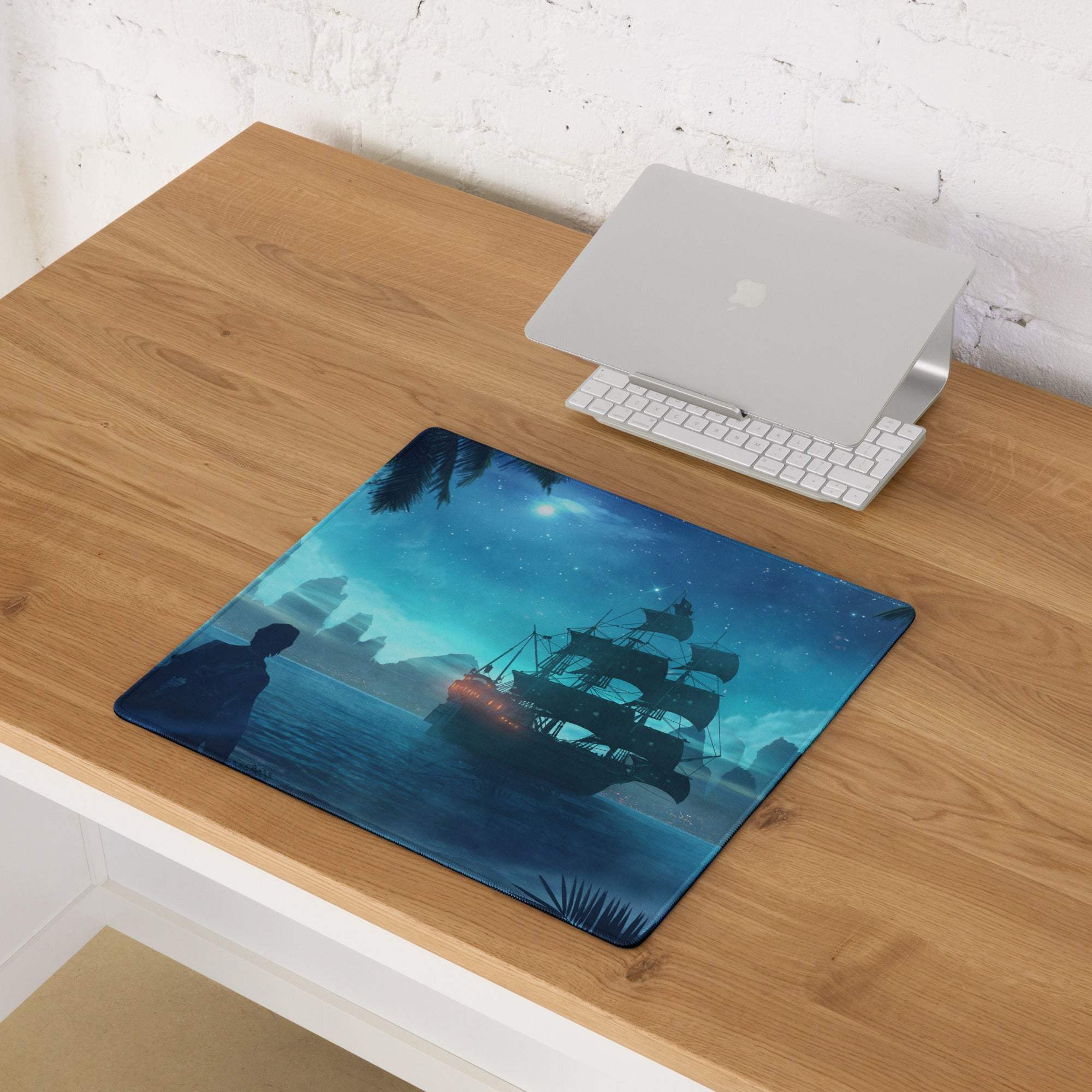 Navy Night Pirate Ship Gaming Mouse Pad - Pirate Ship Navy Blue Gaming Pad Fantasy Epic Night Scene Digital Illustration