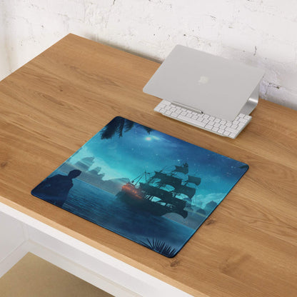 Navy Night Pirate Ship Gaming Mouse Pad - Pirate Ship Navy Blue Gaming Pad Fantasy Epic Night Scene Digital Illustration