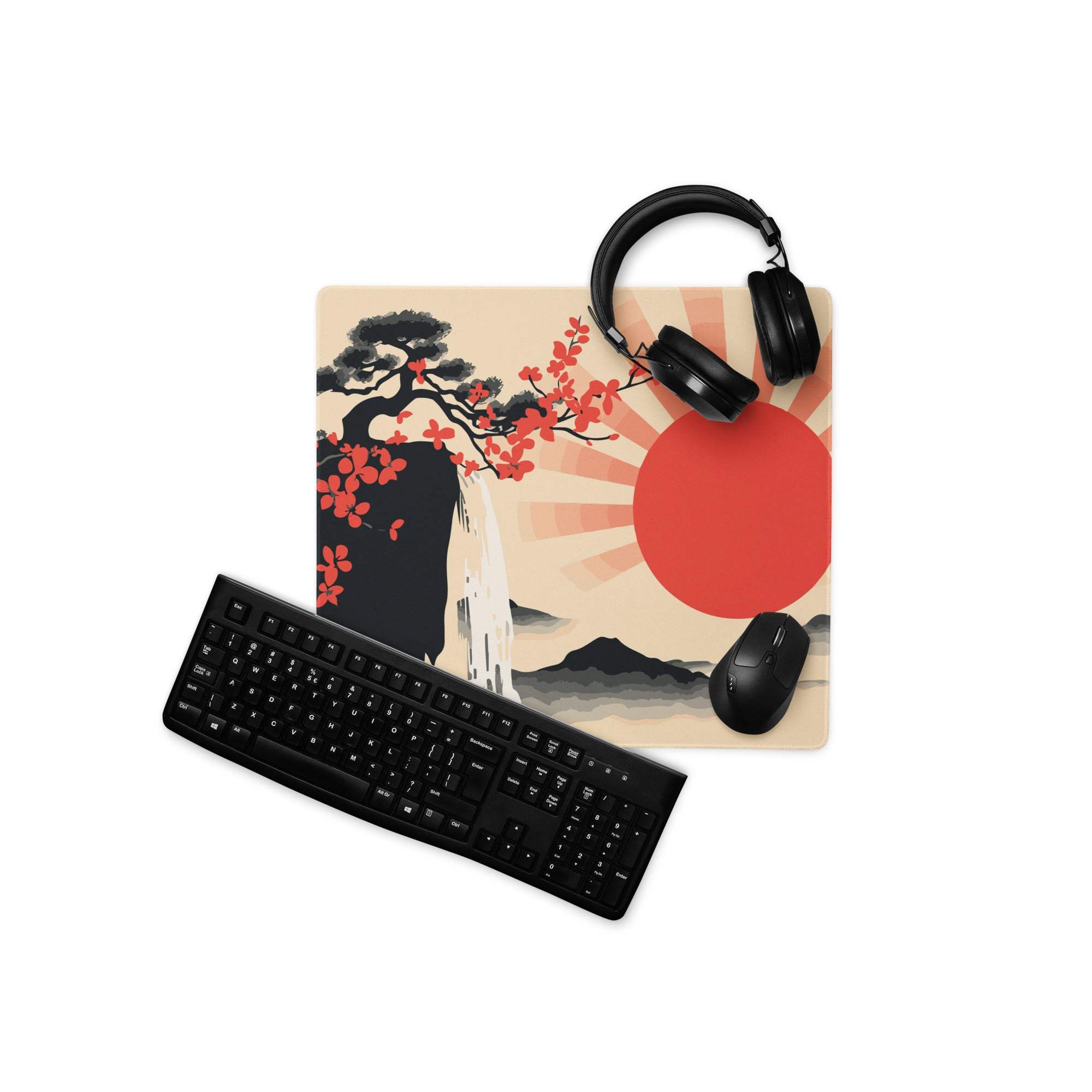 Sunrise Zen Blossom Gaming Mouse Pad - Gaming Mouse Pad, Red Sunburst, Beige, Desk Setup, Ukiyo-e Style, Bold Dramatic