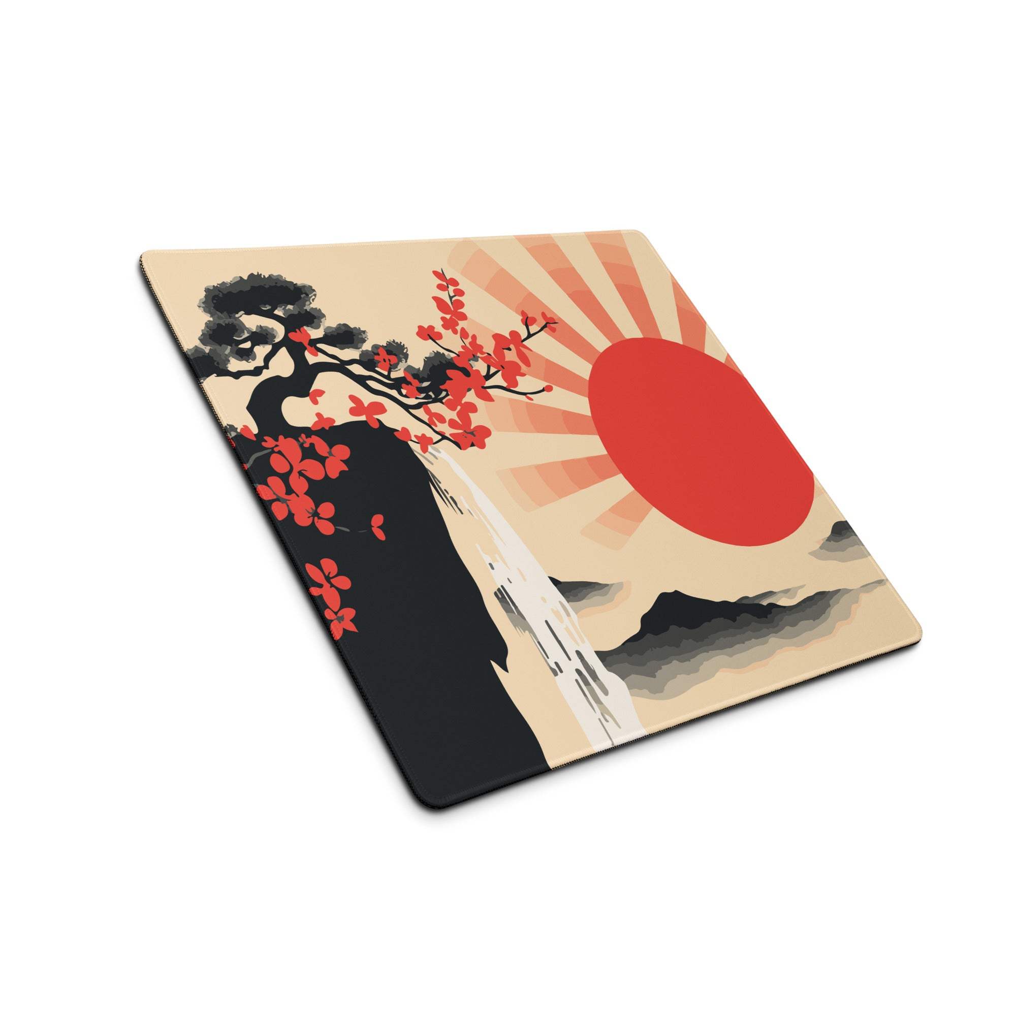 Sunrise Zen Blossom Gaming Mouse Pad - Gaming Mouse Pad, Red Sunburst, Beige, Desk Setup, Ukiyo-e Style, Bold Dramatic