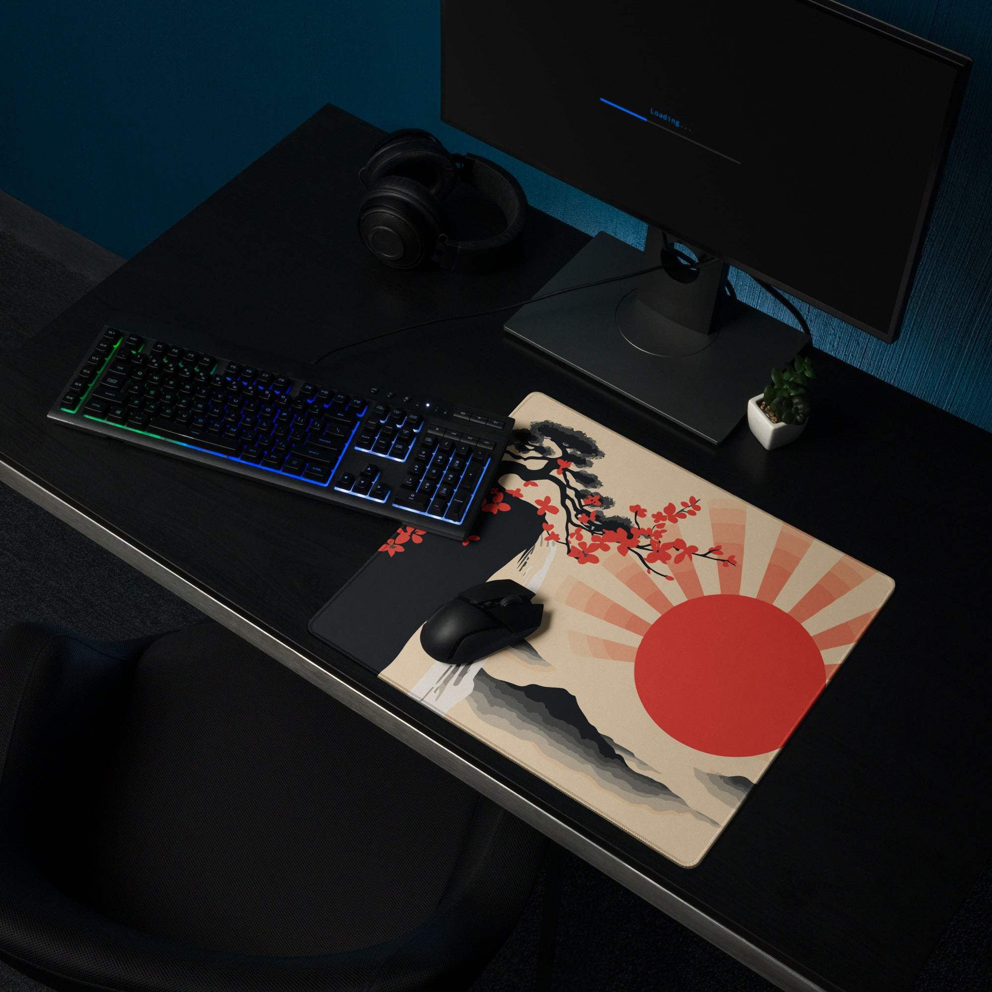 Sunrise Zen Blossom Gaming Mouse Pad - Gaming Mouse Pad, Red Sunburst, Beige, Desk Setup, Ukiyo-e Style, Bold Dramatic