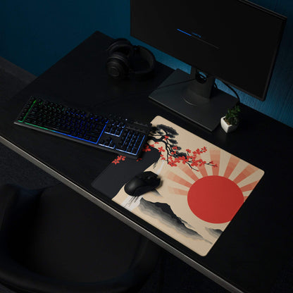 Sunrise Zen Blossom Gaming Mouse Pad - Gaming Mouse Pad, Red Sunburst, Beige, Desk Setup, Ukiyo-e Style, Bold Dramatic