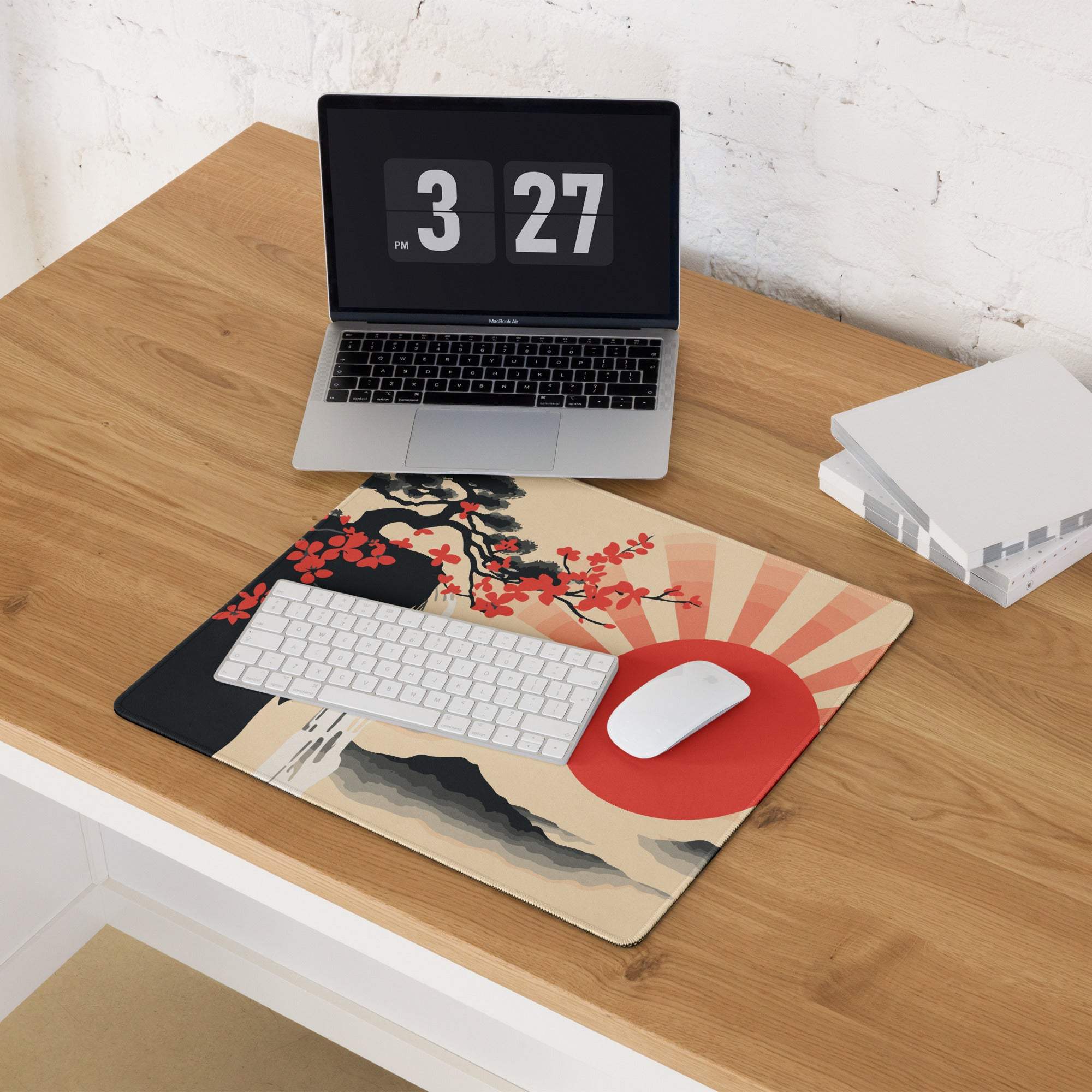 Sunrise Zen Blossom Gaming Mouse Pad - Gaming Mouse Pad, Red Sunburst, Beige, Desk Setup, Ukiyo-e Style, Bold Dramatic