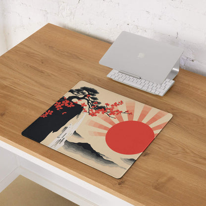 Sunrise Zen Blossom Gaming Mouse Pad - Gaming Mouse Pad, Red Sunburst, Beige, Desk Setup, Ukiyo-e Style, Bold Dramatic