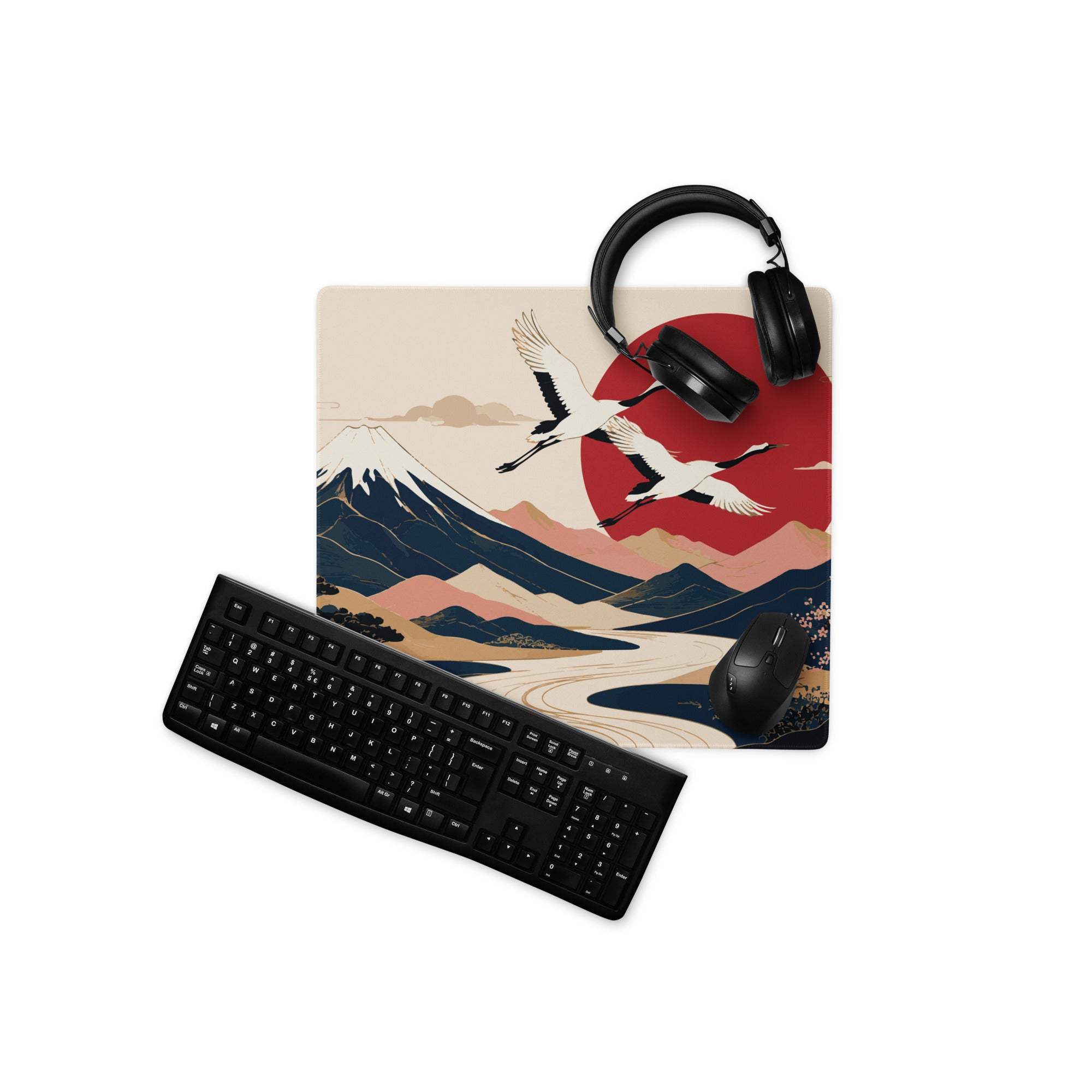 Zen Crane Landscape Pad - Landscape Mouse Pad Beige Red Sun Navy Mountains Ukiyoe Inspired Desk Serene Mood Japanese Art