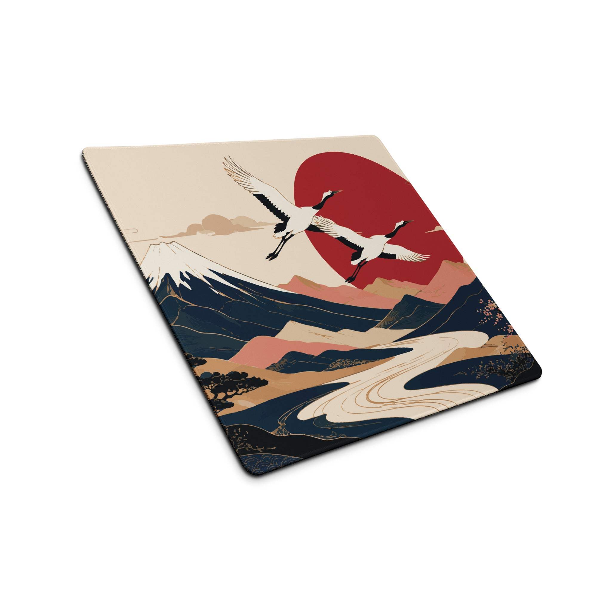 Zen Crane Landscape Pad - Landscape Mouse Pad Beige Red Sun Navy Mountains Ukiyoe Inspired Desk Serene Mood Japanese Art
